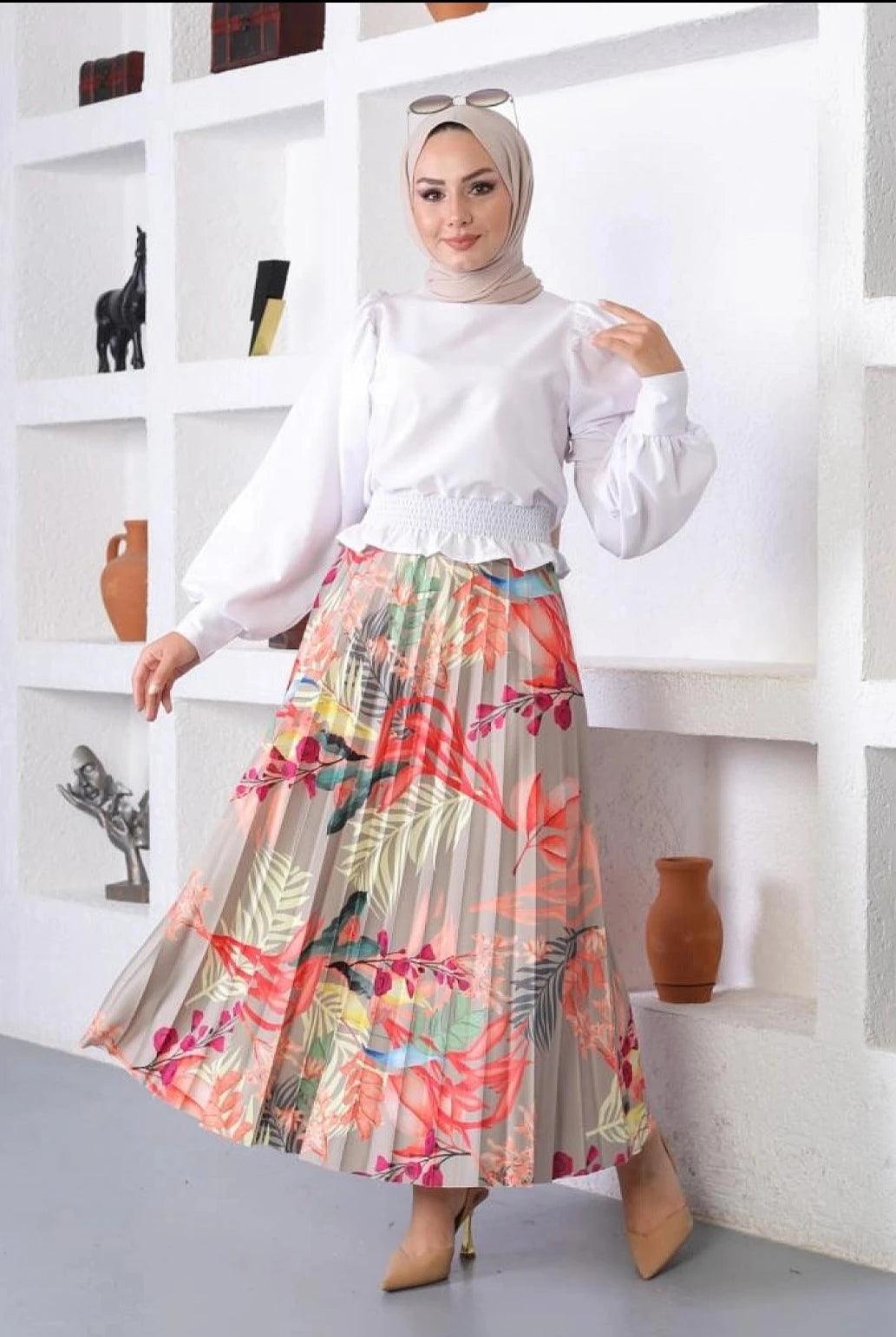 Floral Patterned Womens Pleated Long Skirt - Maxi Skirt