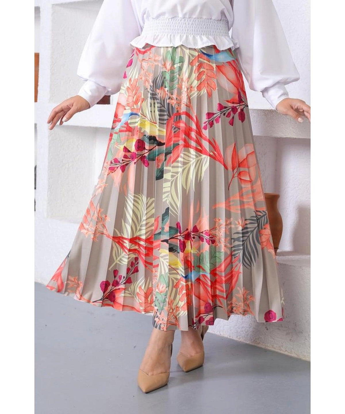 Floral Patterned Women's Pleated Maxi Skirt