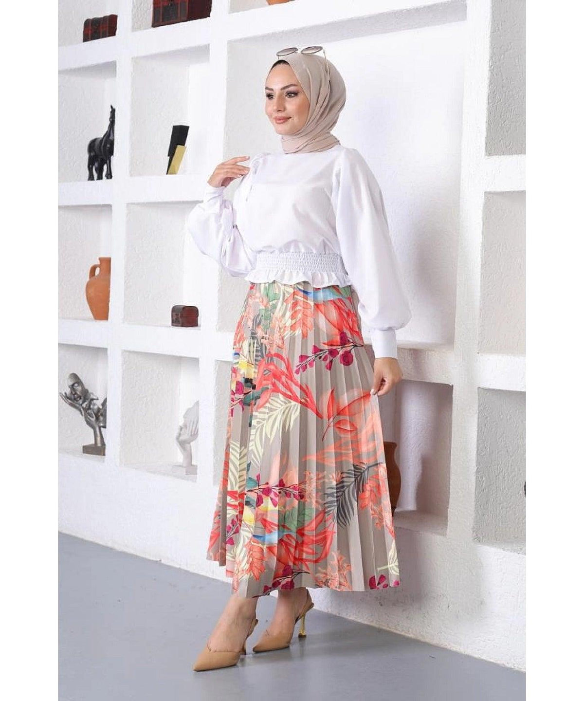 Floral Patterned Women's Pleated Maxi Skirt