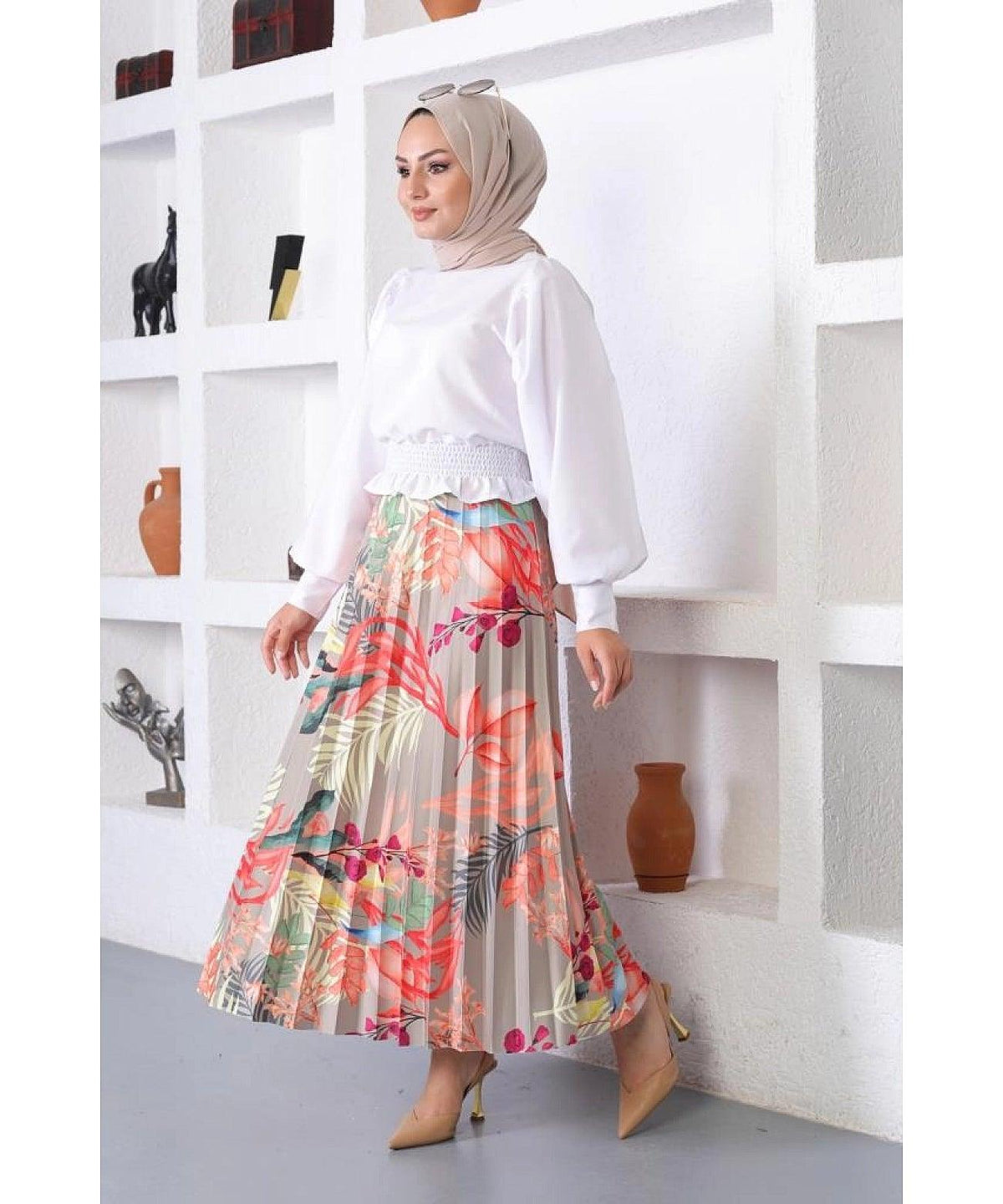 Floral Patterned Women's Pleated Maxi Skirt