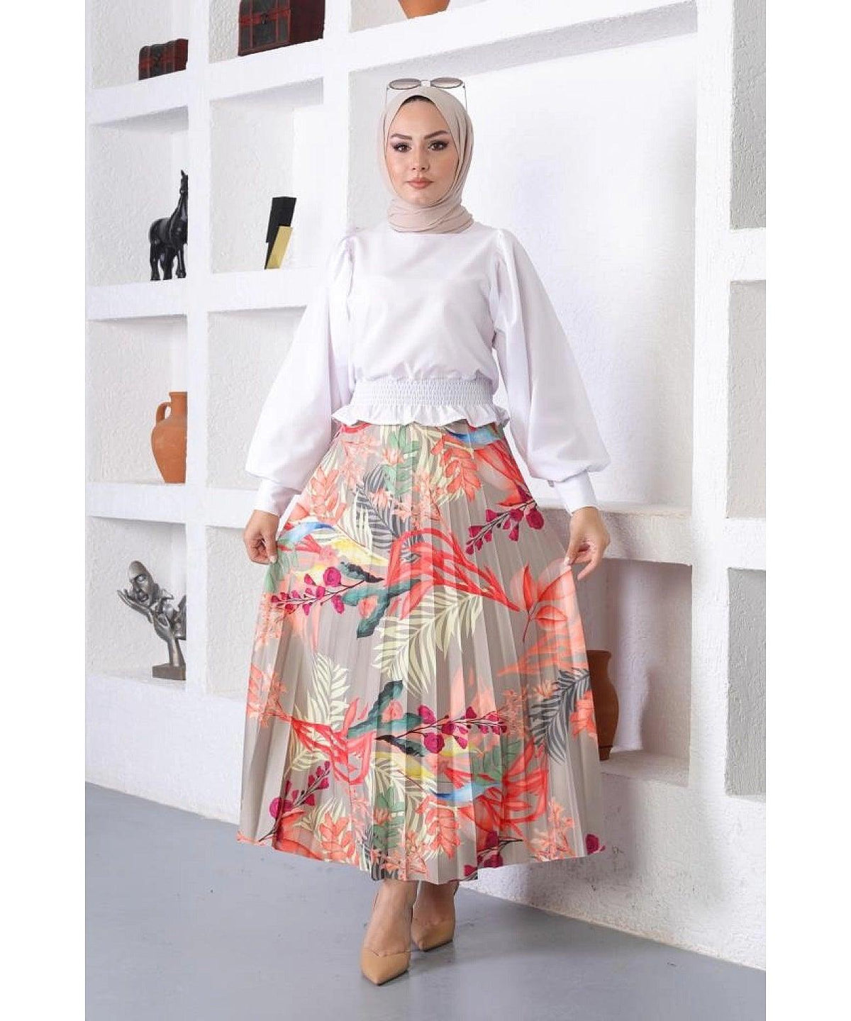 Floral Patterned Women's Pleated Maxi Skirt