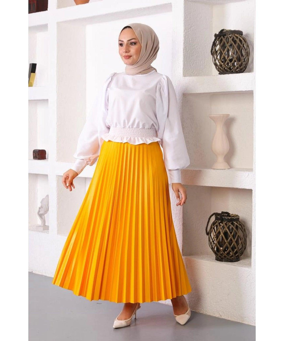 Mustard Yellow Pleated Maxi Skirt for Women