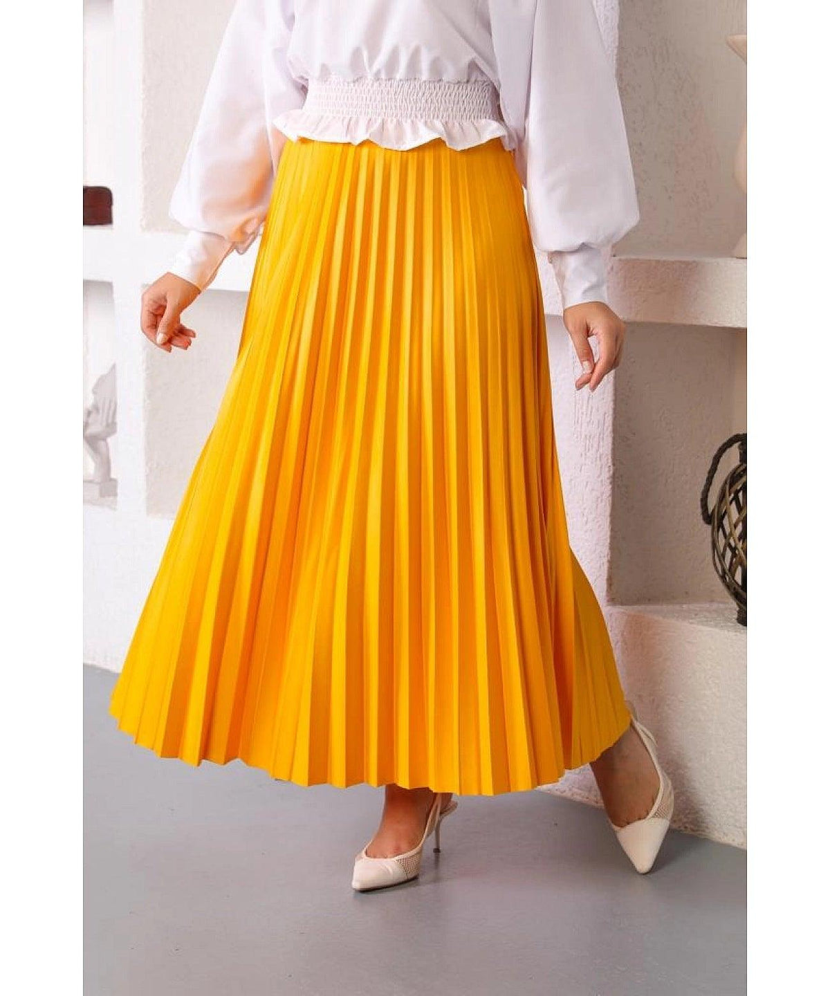 Mustard Yellow Pleated Maxi Skirt for Women