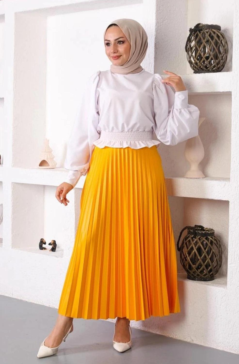 Womens Pleated Maxi Long Skirt- Mustard Yellow