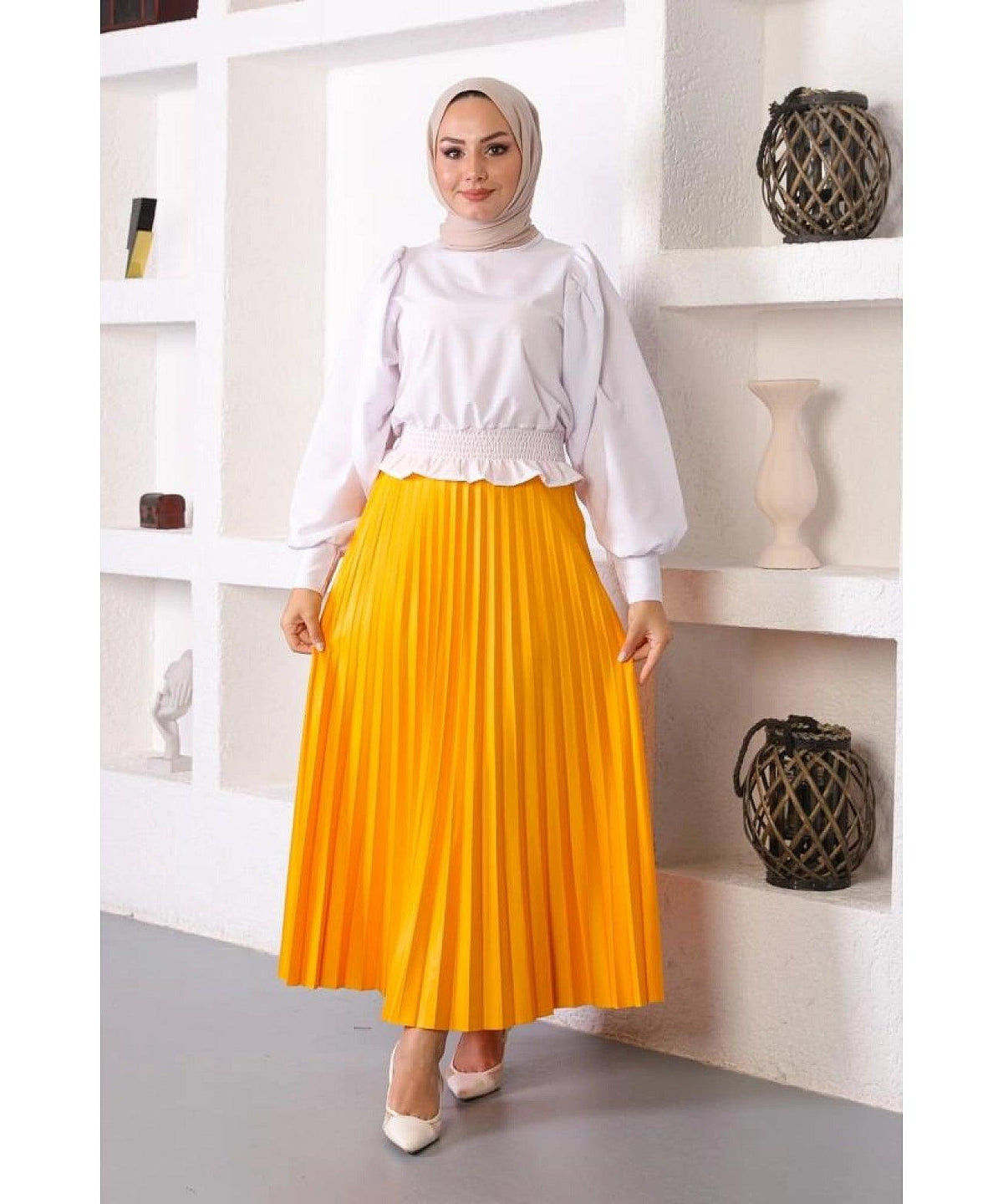 Mustard Yellow Pleated Maxi Skirt for Women