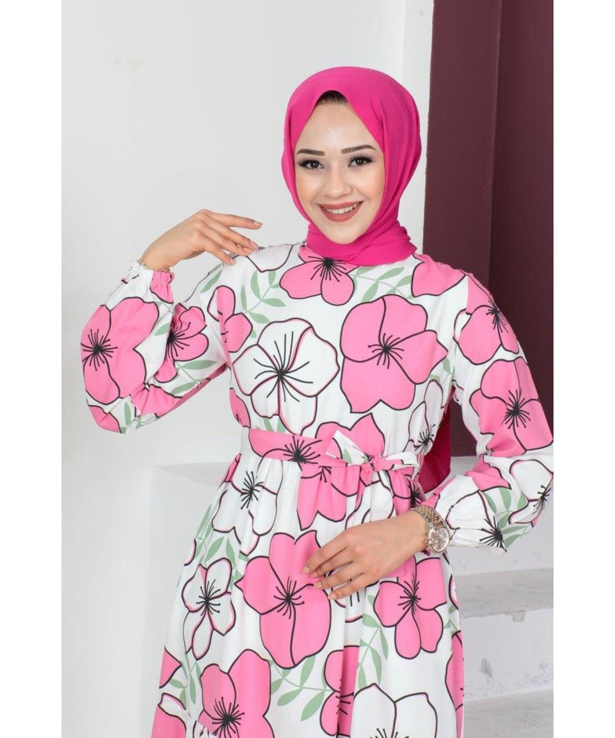 Floral Patterned Long Dubai Abaya Dress for Women