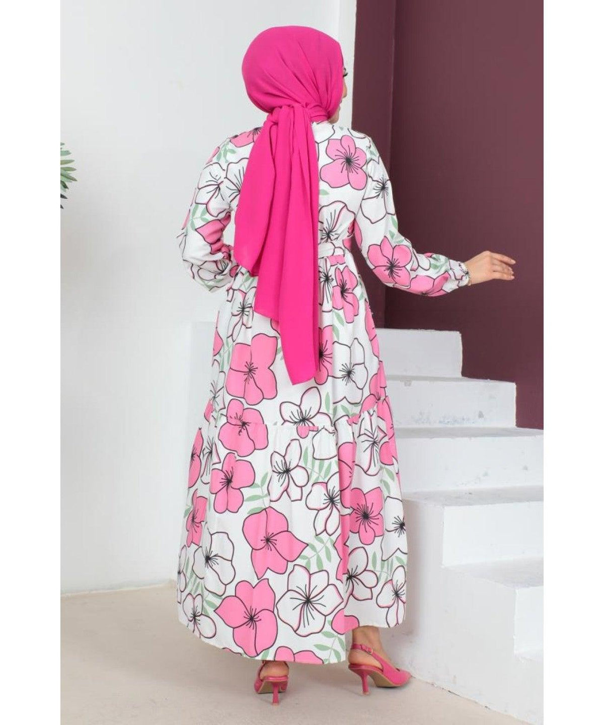 Floral Patterned Long Dubai Abaya Dress for Women
