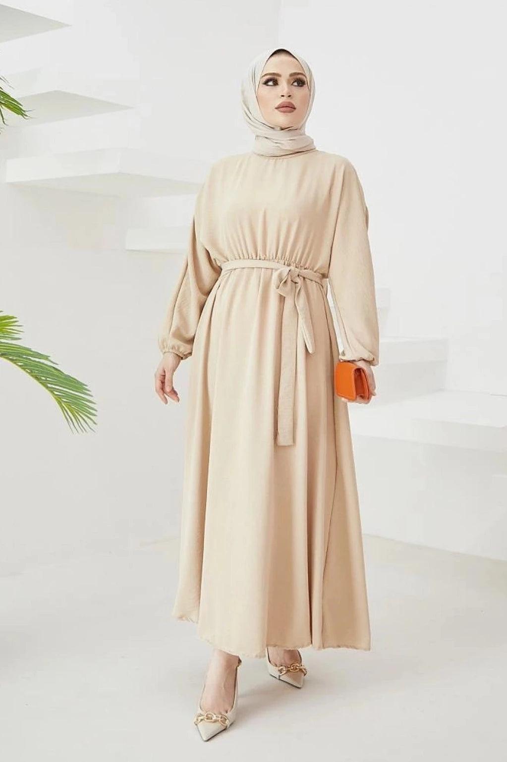 Elegant Long Turkish Abaya Dress - Creamy Beige