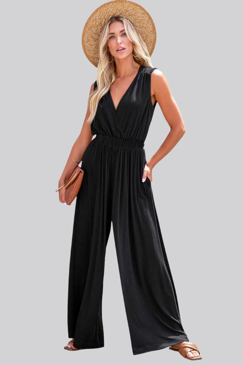 Black Jumpsuit with Deep V Pleated Crisscross Wide Leg Backless