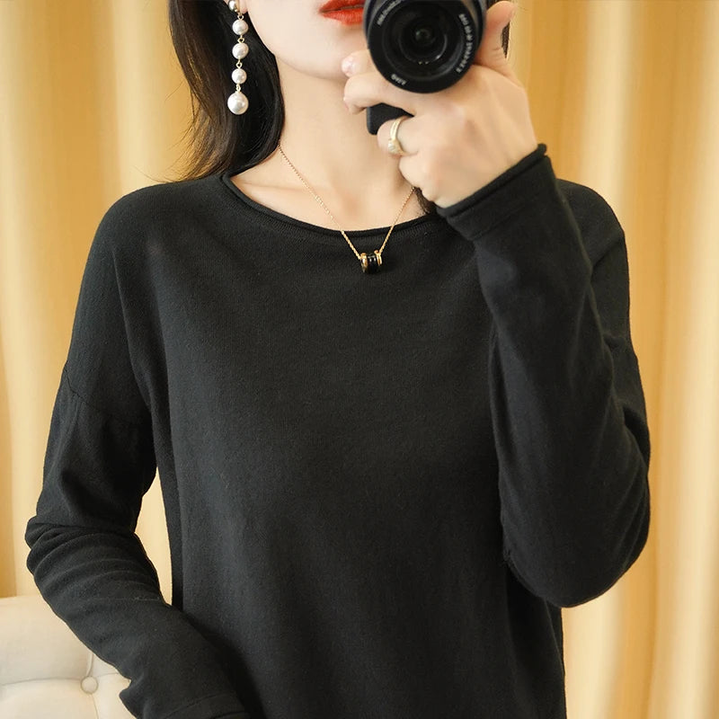 Cotton O-Neck Pullover Knit Sweater