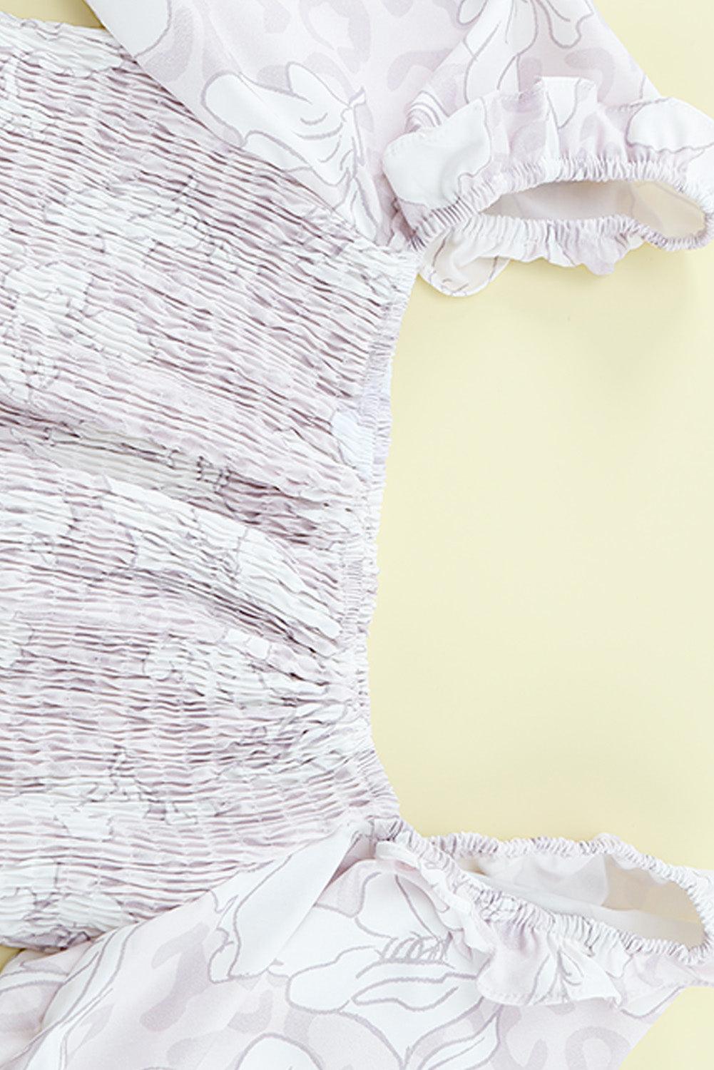 Square Neck Smocked Floral Leopard Peplum Top