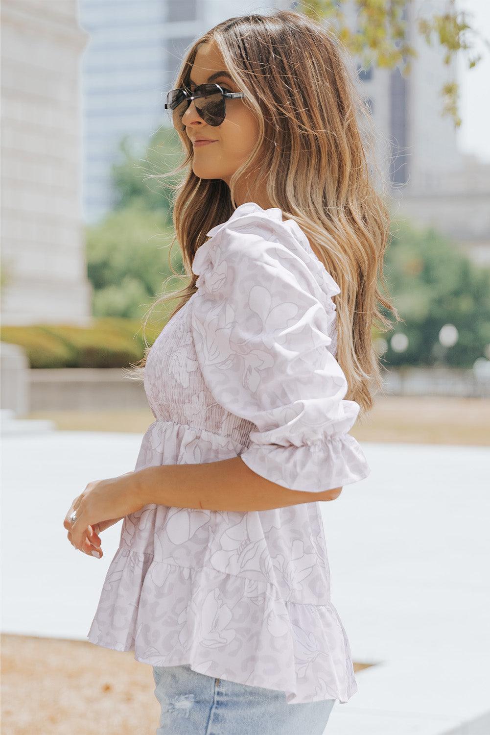 Square Neck Smocked Floral Leopard Peplum Top