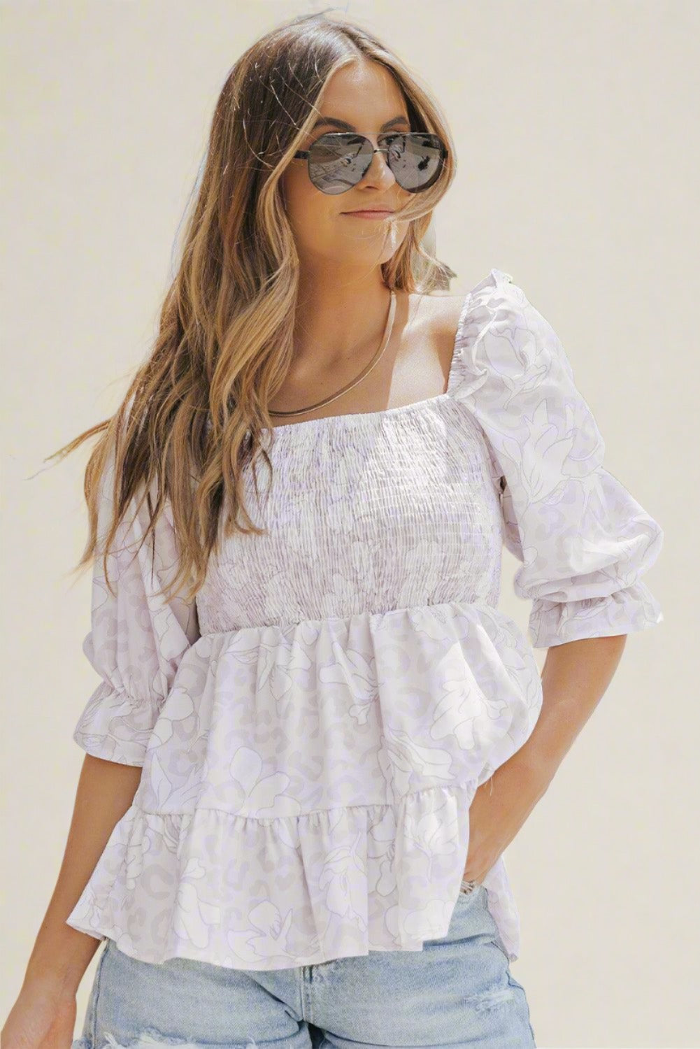 Floral Square Neck Smocked Summer White Blouse Top