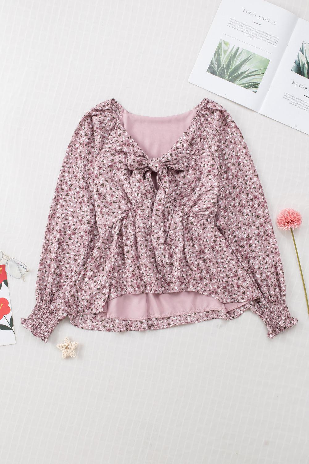 Front Long Sleeve Floral Print Summer Blouse for Women