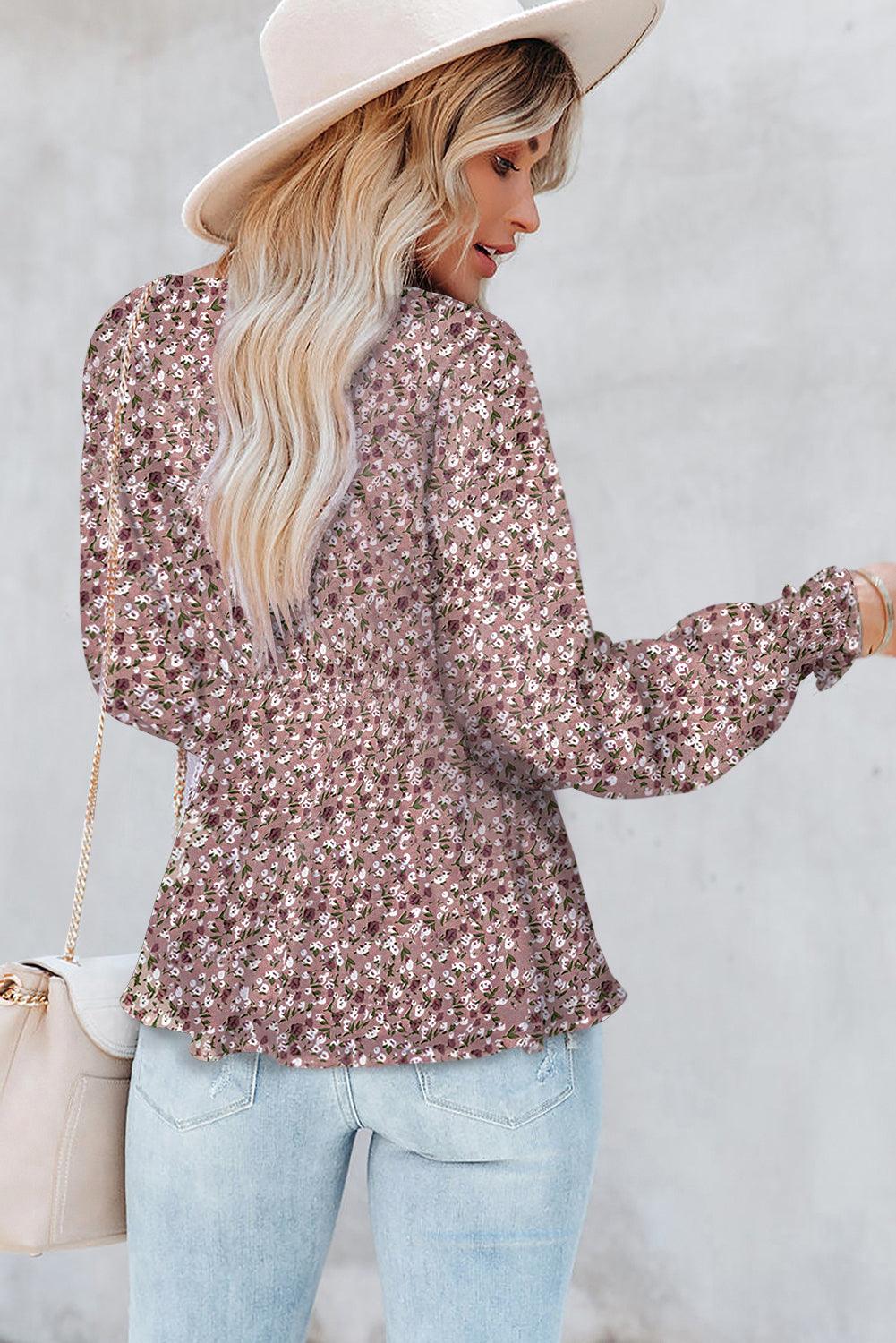 Front Long Sleeve Floral Print Summer Blouse for Women