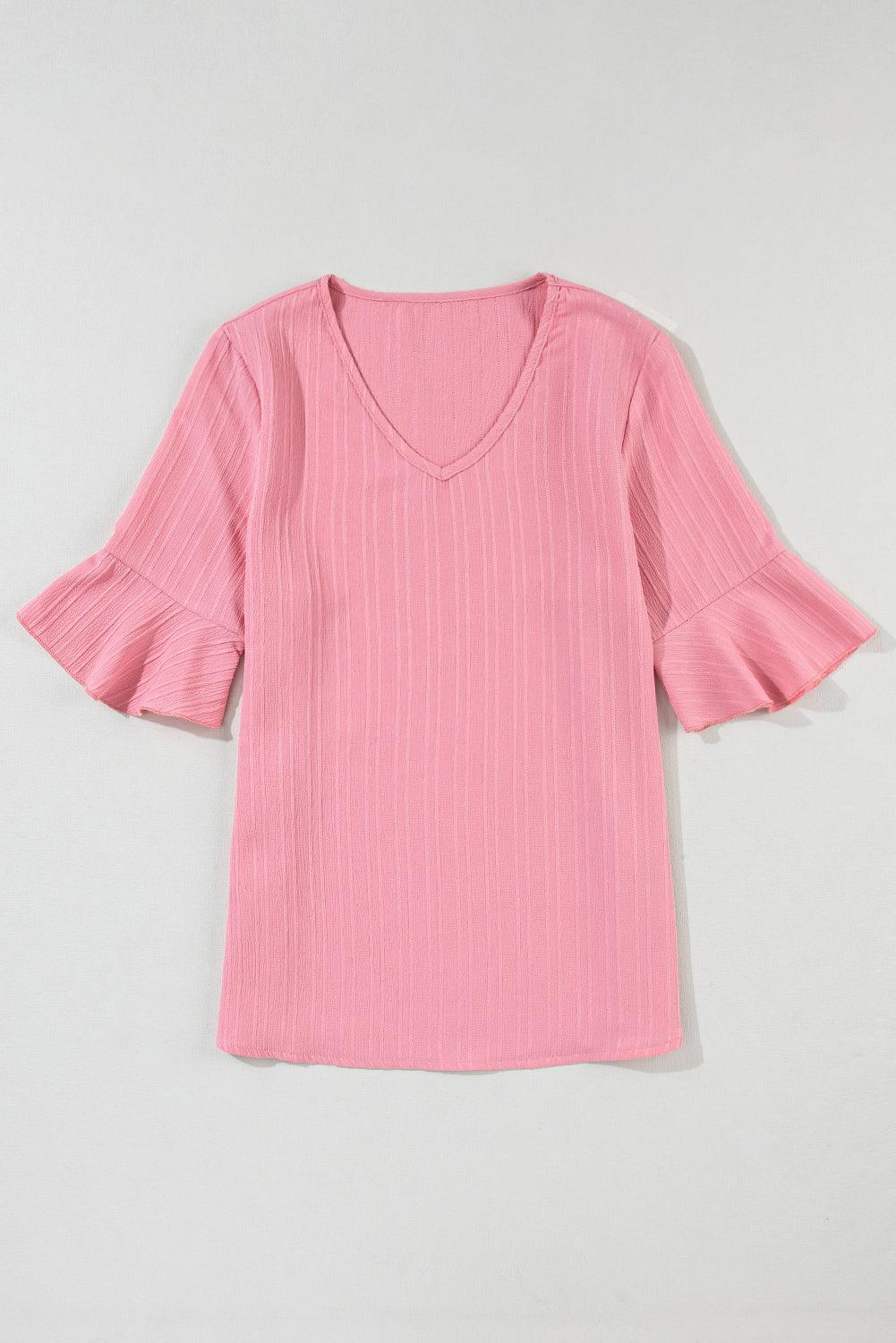 Peach Blossom Ruffled Half Sleeve V Neck Textured Top for Ladies