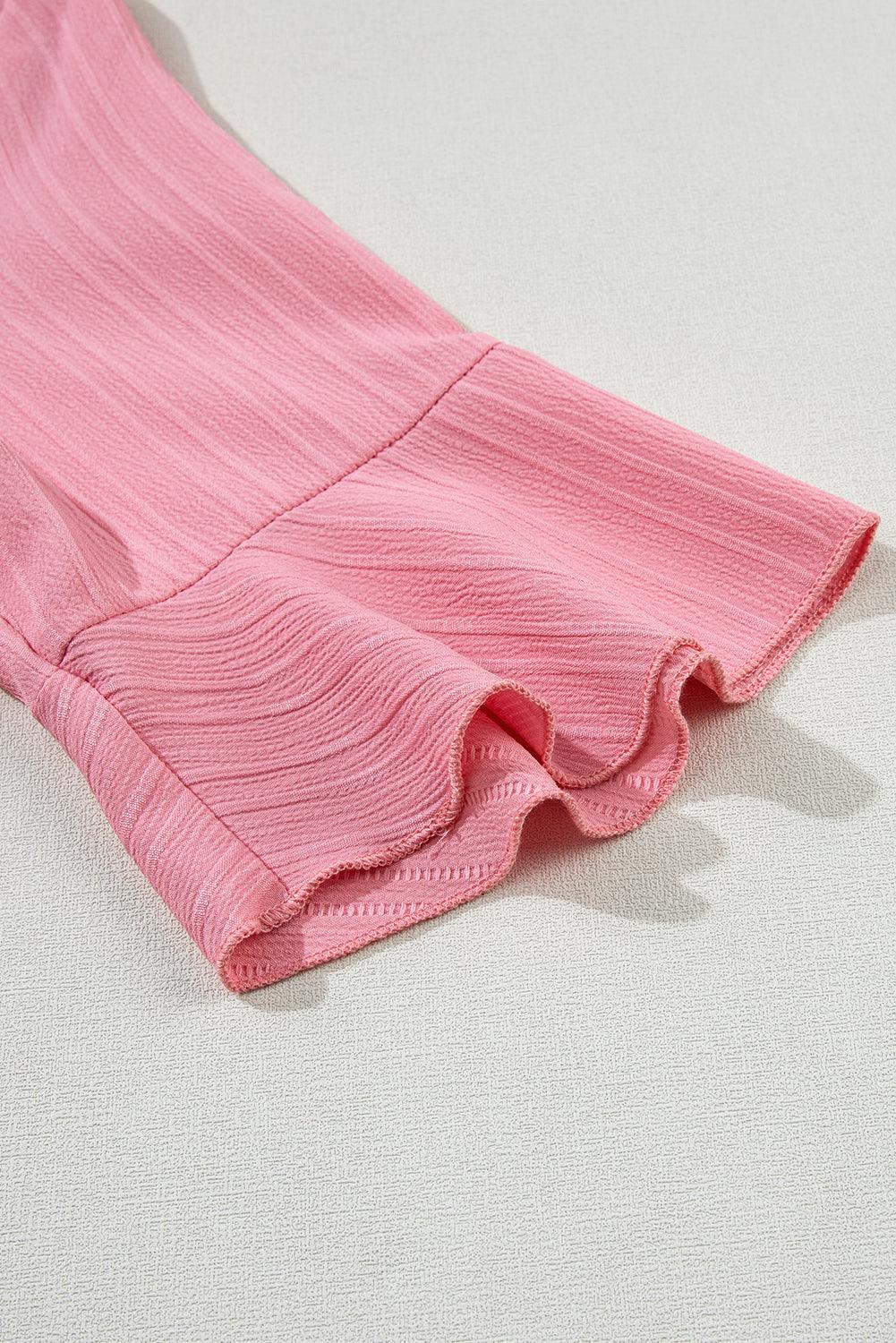 Peach Blossom Ruffled Half Sleeve V Neck Textured Top for Ladies