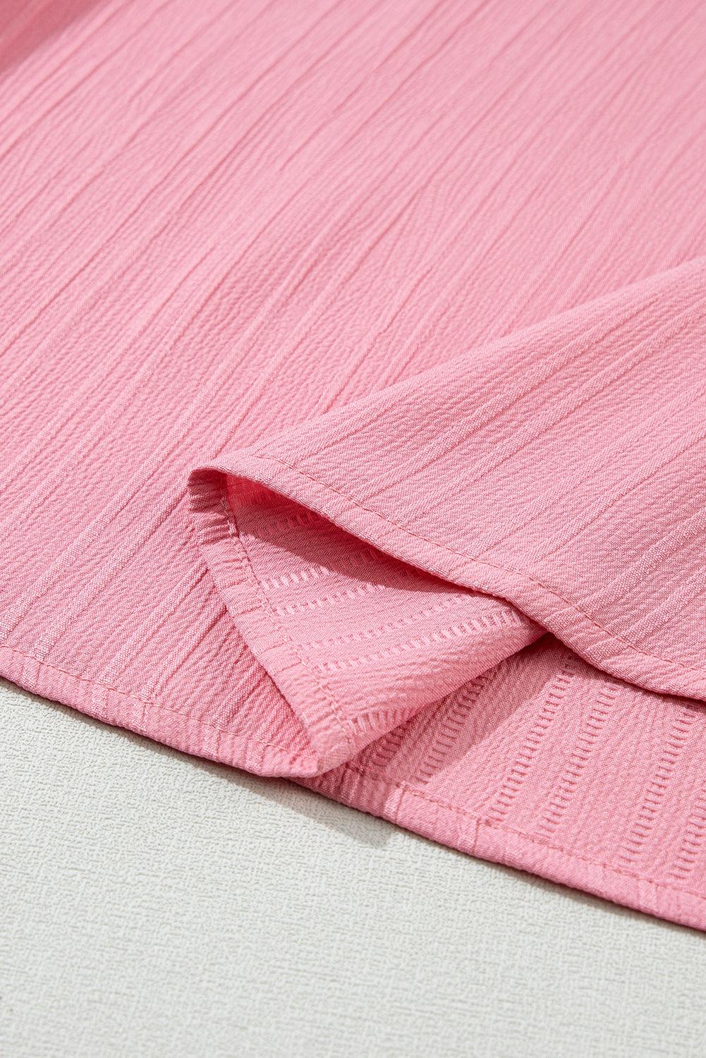 Peach Blossom Ruffled Half Sleeve V Neck Textured Top for Ladies