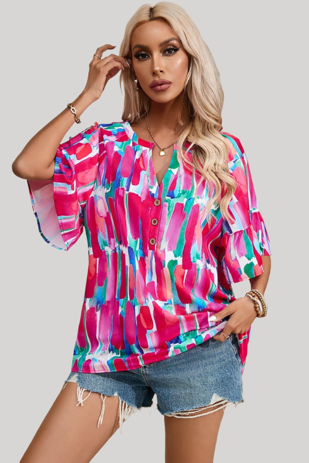 Brushwork Print V Neck Summer Blouse - Hot Pink