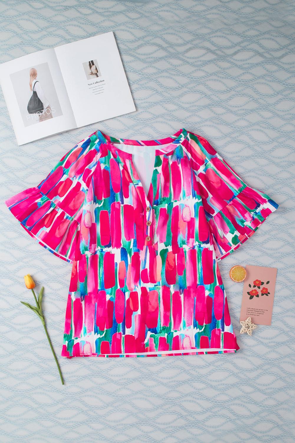 Abstract Hot Pink Brushwork Print Buttoned V Neck Summer Blouse