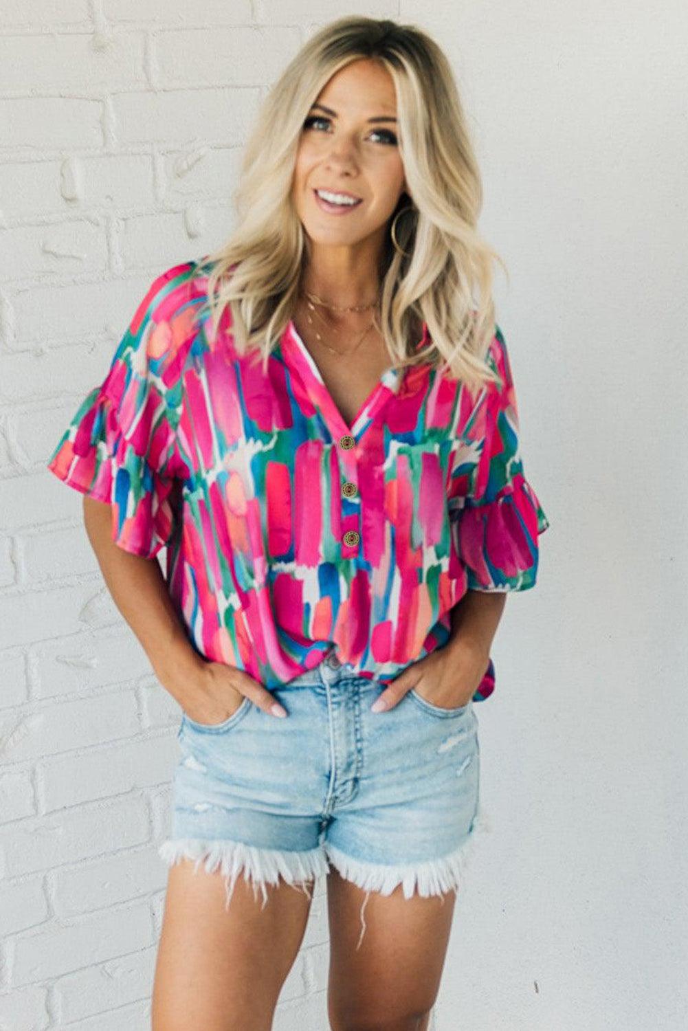 Abstract Hot Pink Brushwork Print Buttoned V Neck Summer Blouse