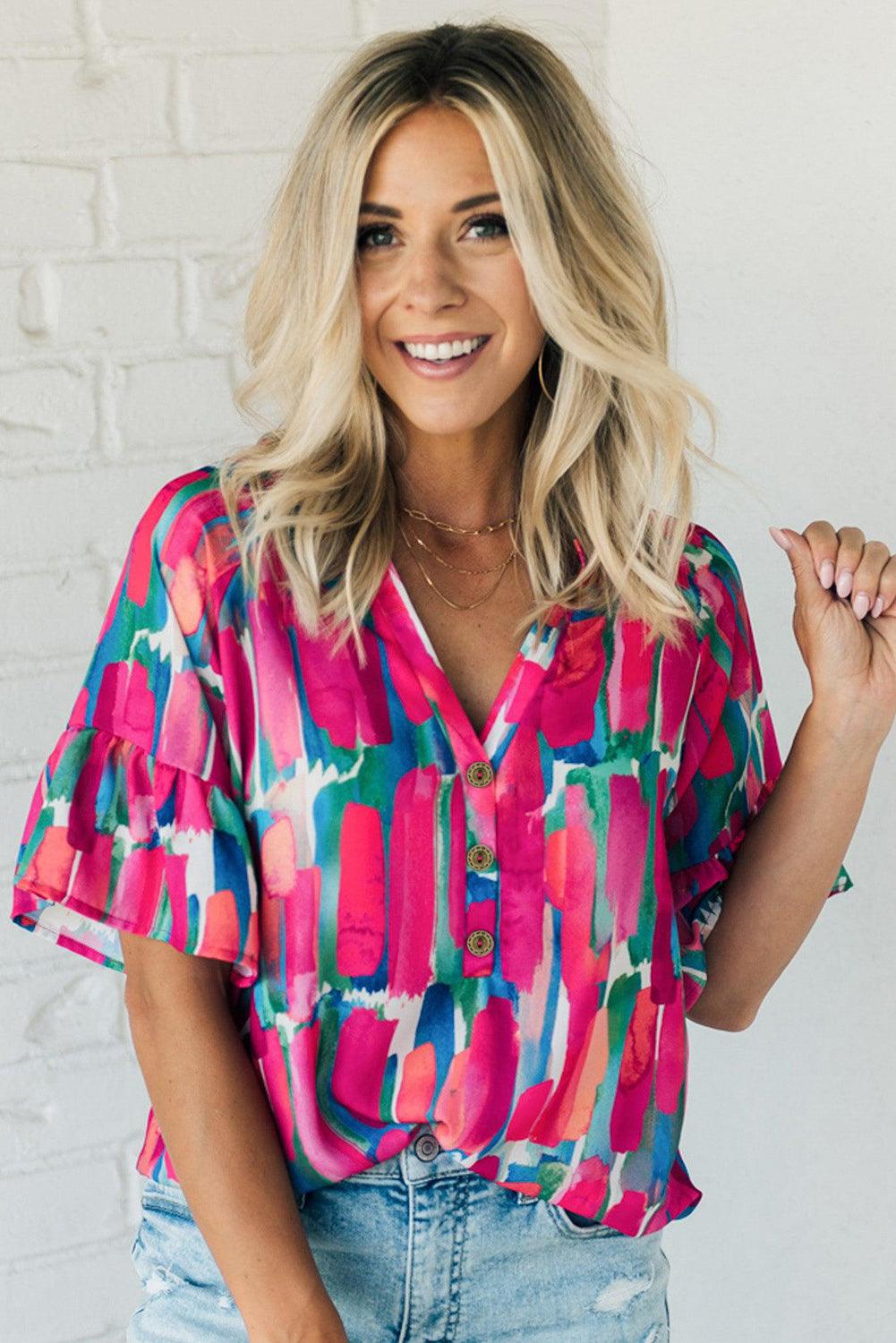 Abstract Hot Pink Brushwork Print Buttoned V Neck Summer Blouse