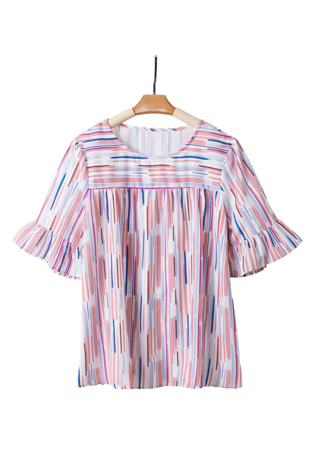White Multicolor Striped Splash Half Sleeve Blouse for Women