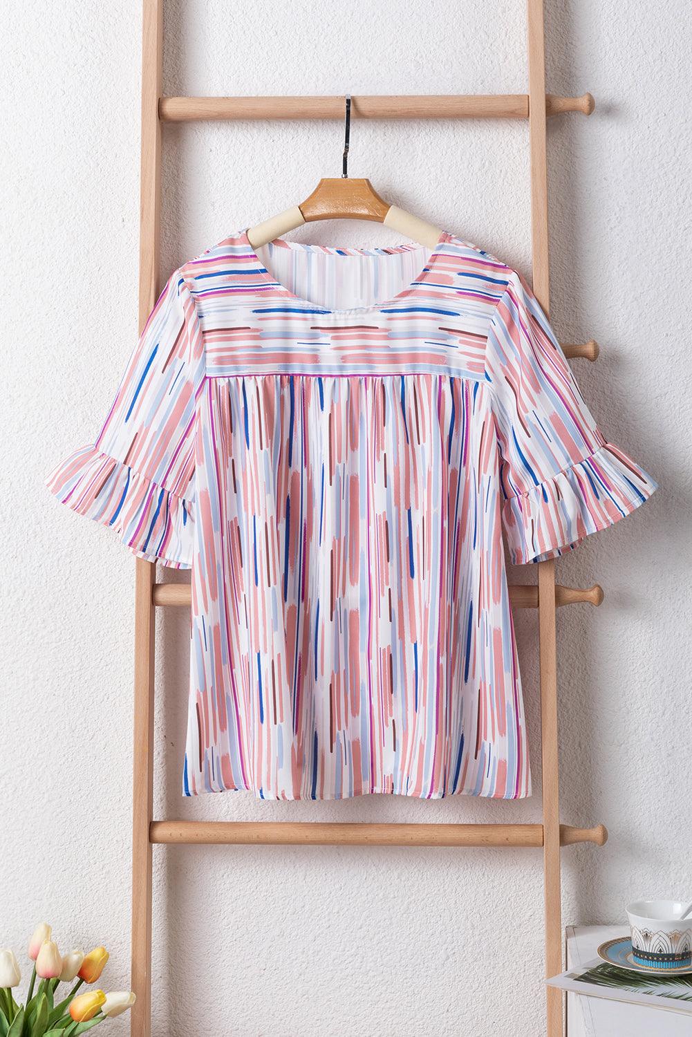 White Multicolor Striped Splash Half Sleeve Blouse for Women