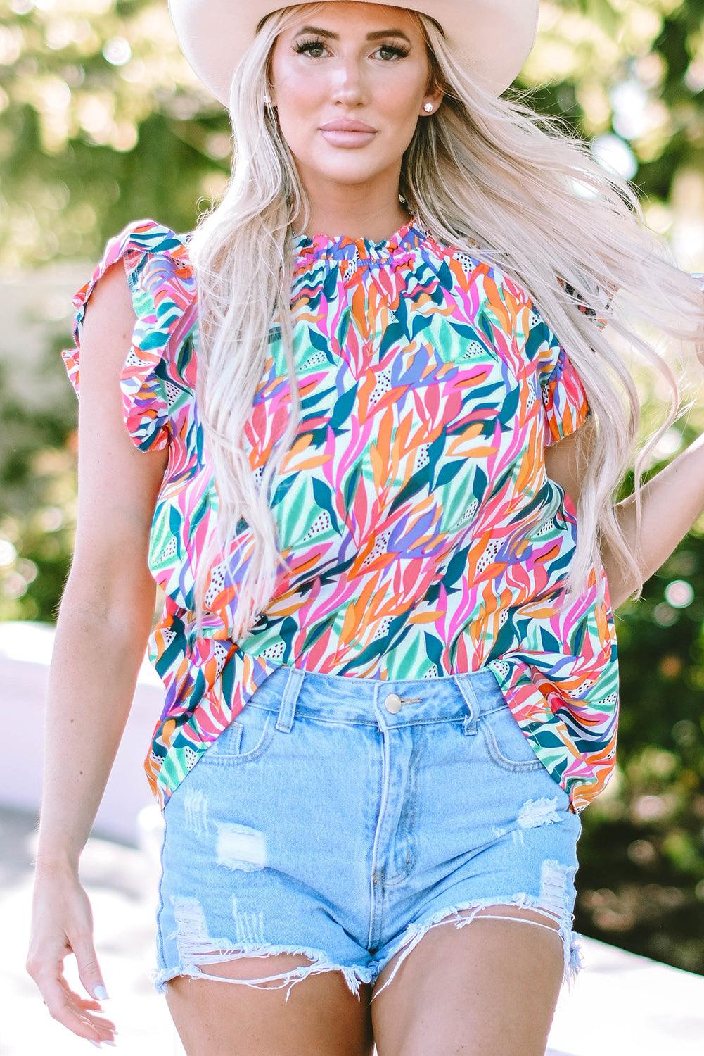 Summer Floral Ruffled Flutter Sleeve Blouse - Rose Pink