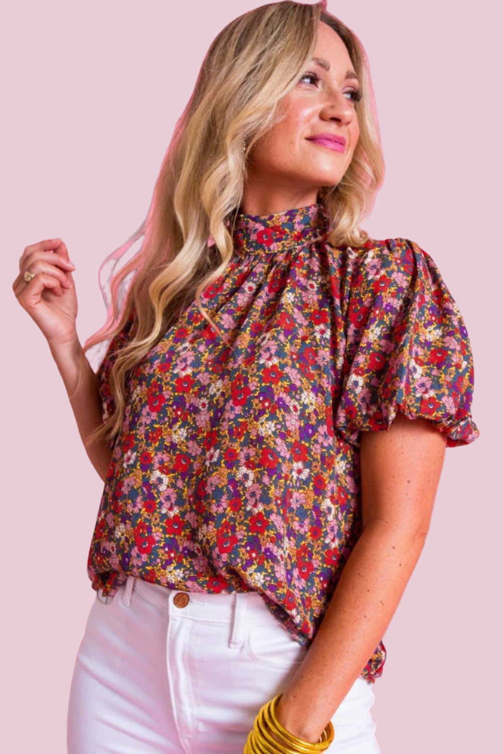 High Neck Puff Sleeve Floral Blouse Top - Purple