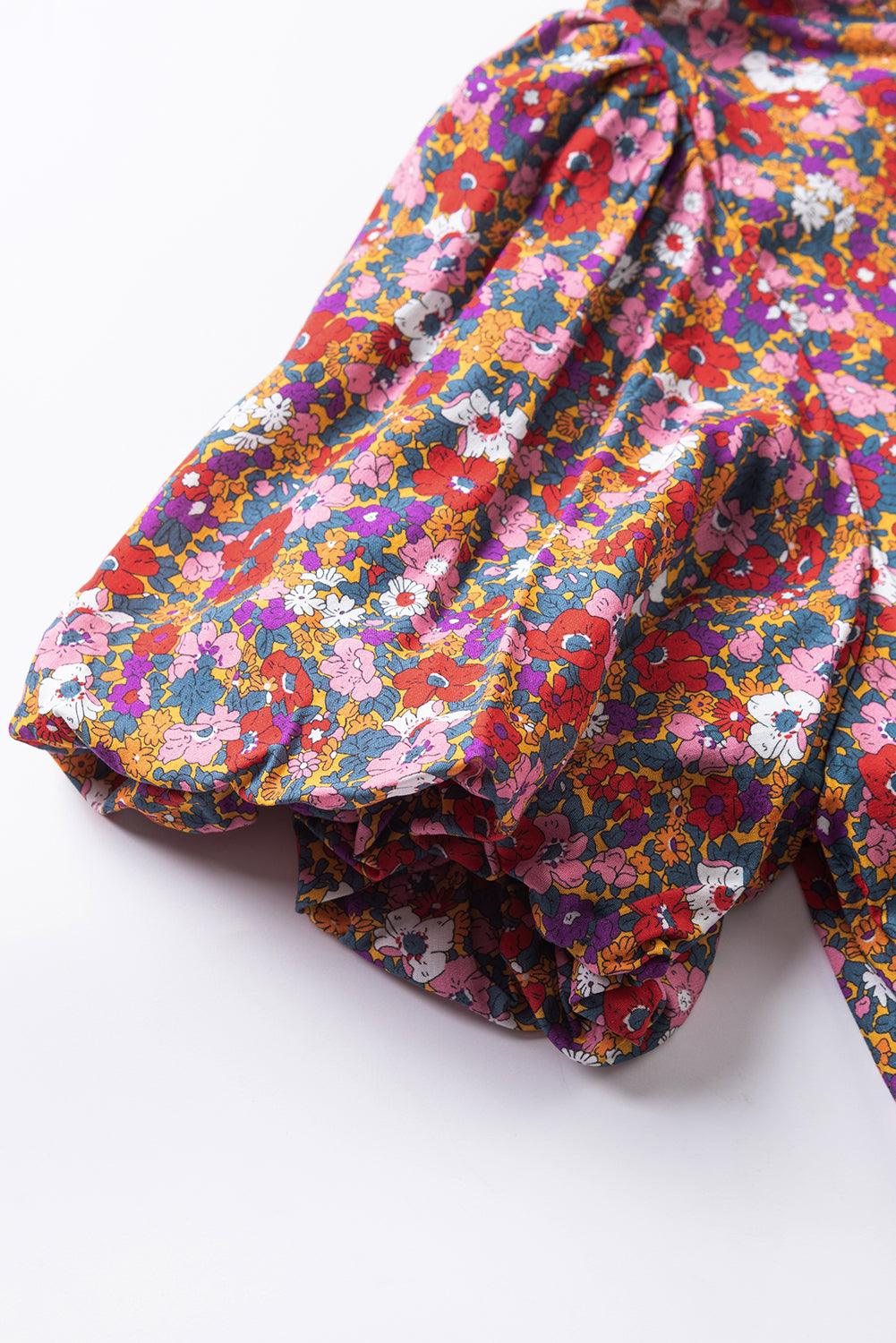 بلوزة أرجوانية مطبوعة برقبة عالية وأكمام منفوخة للسيدات