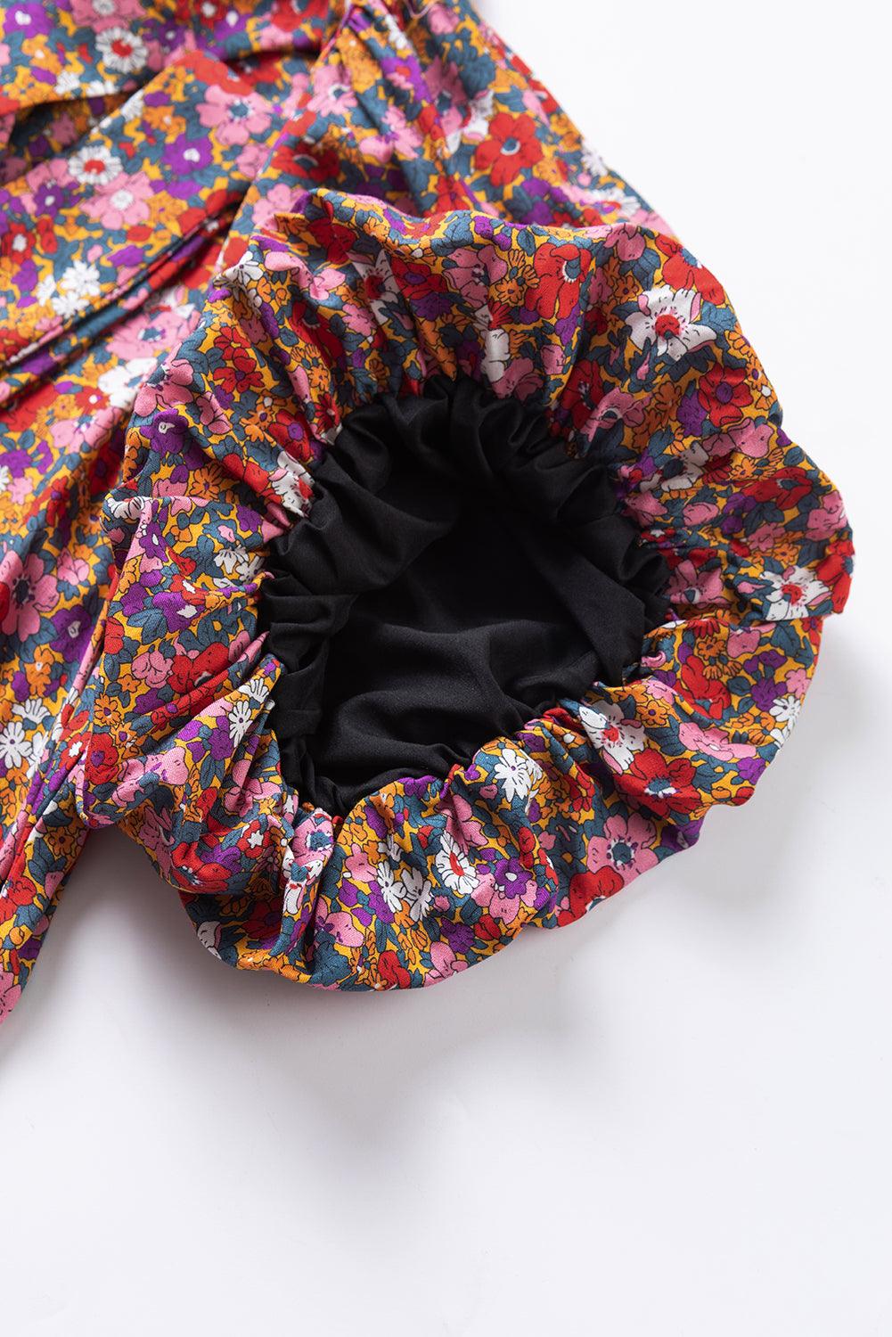 بلوزة أرجوانية مطبوعة برقبة عالية وأكمام منفوخة للسيدات