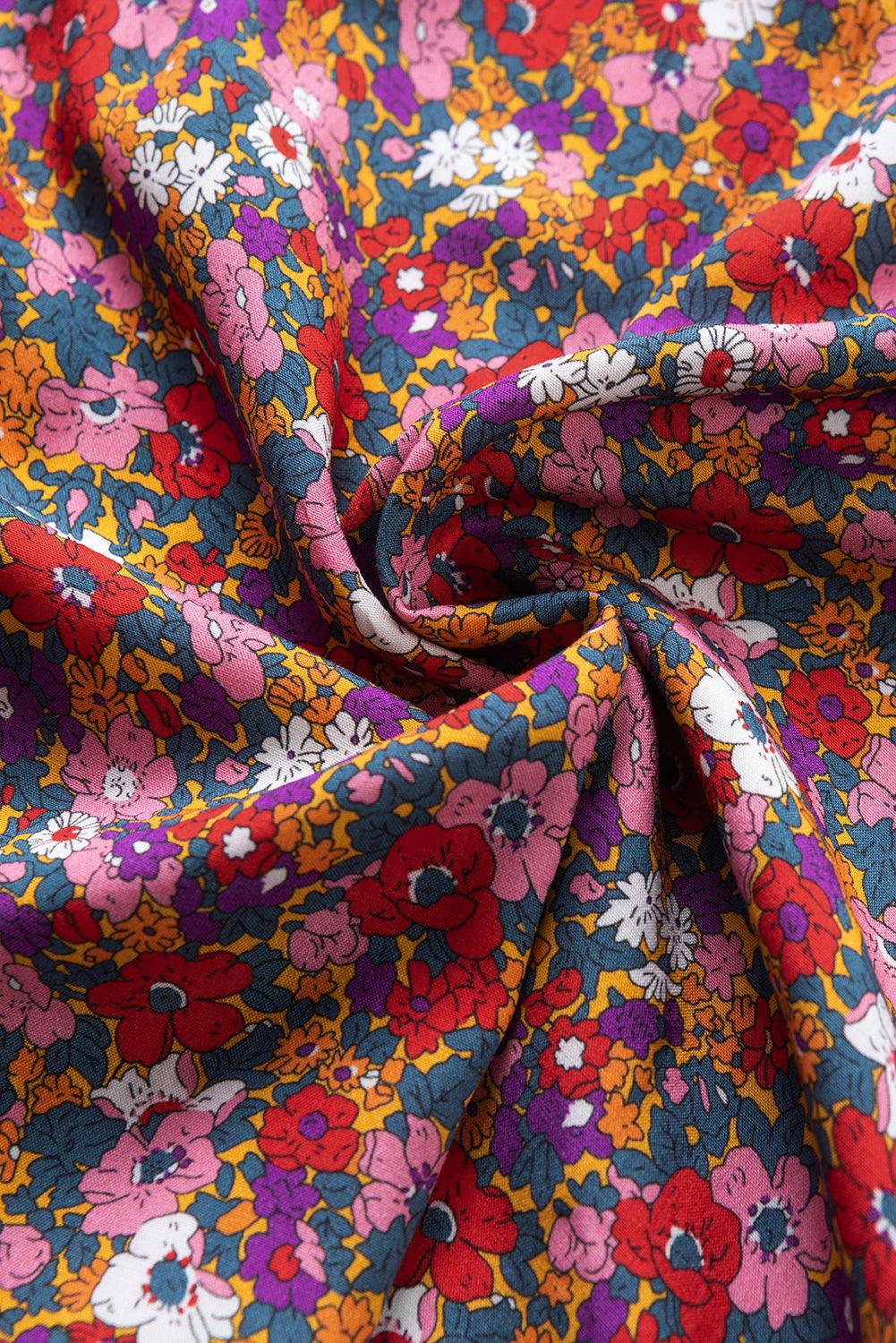 بلوزة أرجوانية مطبوعة برقبة عالية وأكمام منفوخة للسيدات