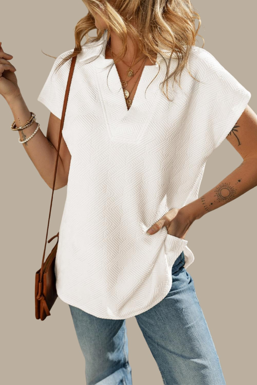 White Collared V Neck Short Sleeve Top for Women
