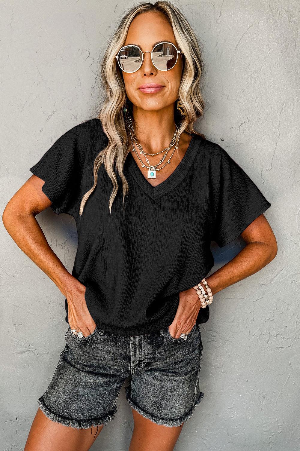 Crinkled V Neck Wide Sleeve Black Summer Tee for Women