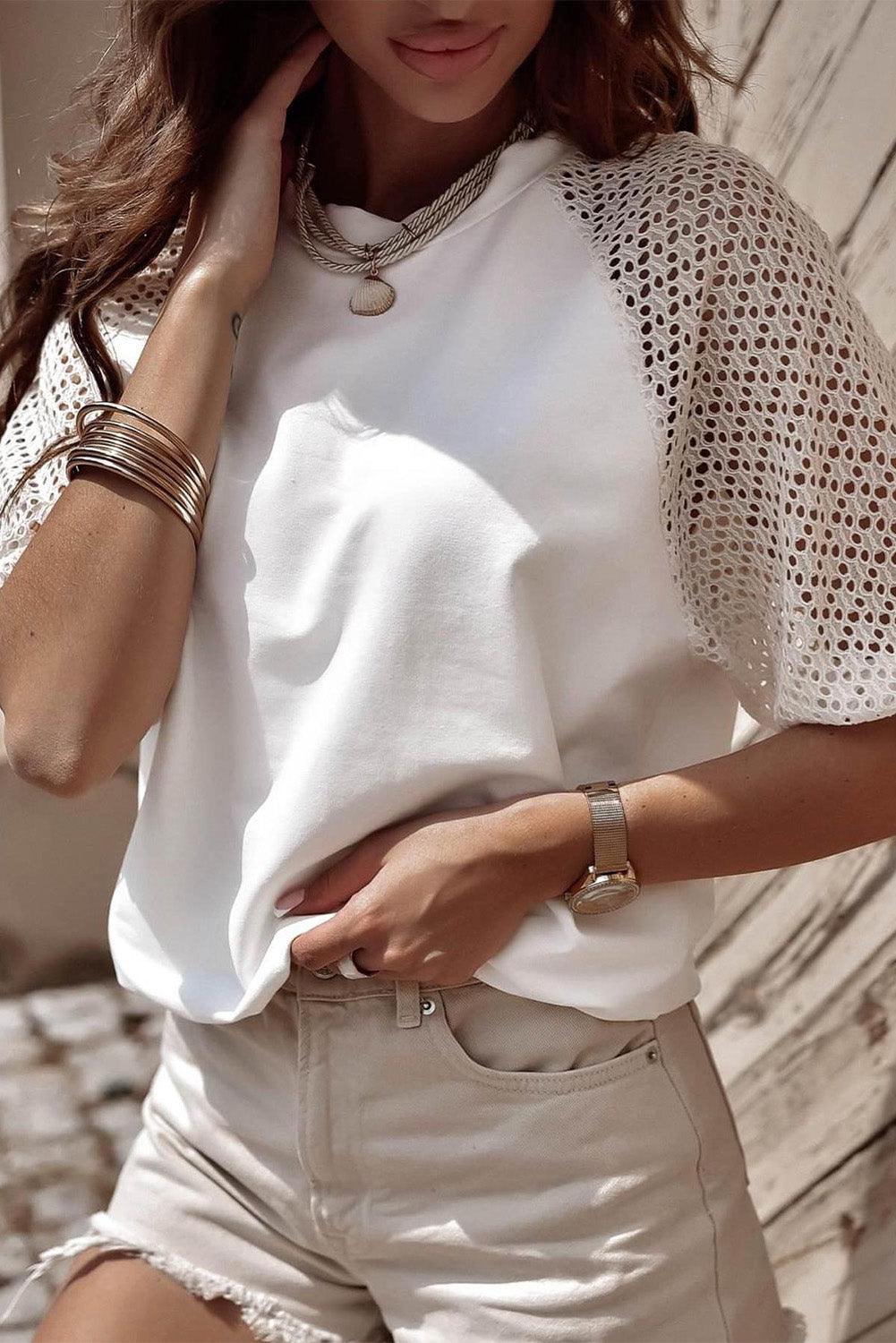 White Pointelle Lace Half Sleeve Crew Neck Tee for Women