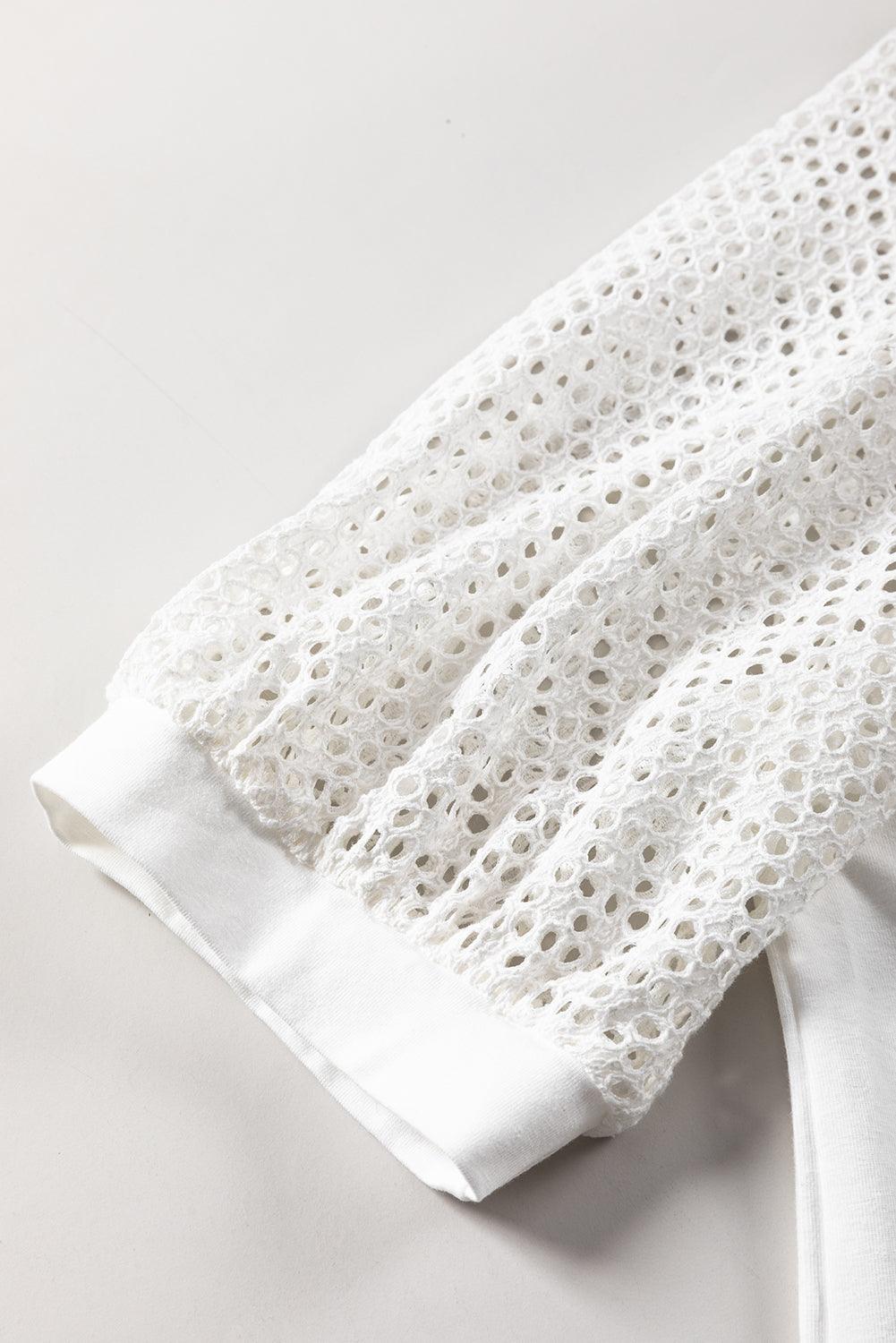 White Pointelle Lace Half Sleeve Crew Neck Tee for Women