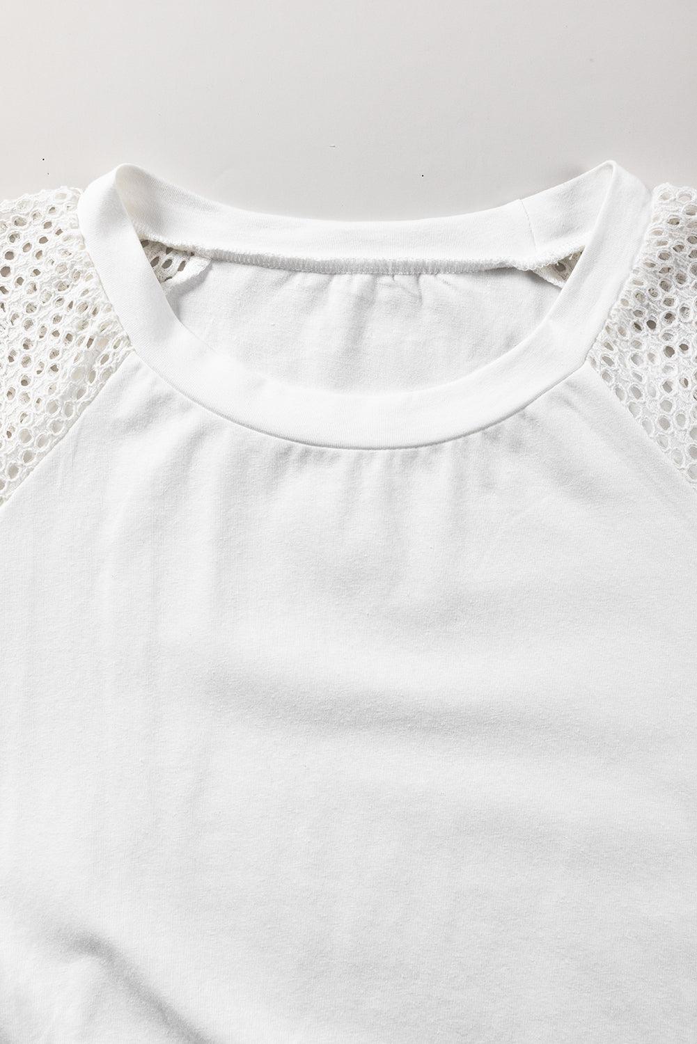White Pointelle Lace Half Sleeve Crew Neck Tee for Women