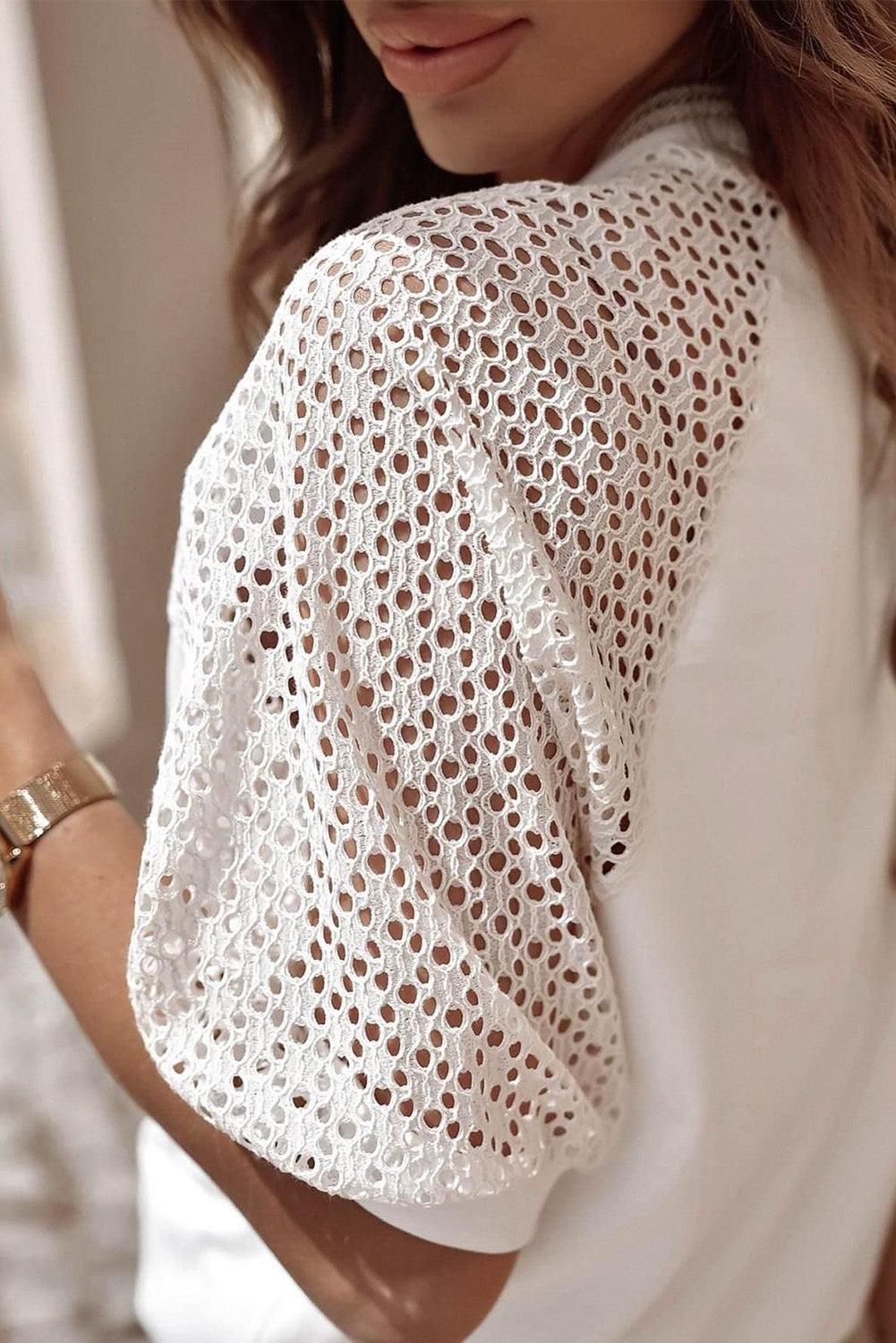 White Pointelle Lace Half Sleeve Crew Neck Tee for Women