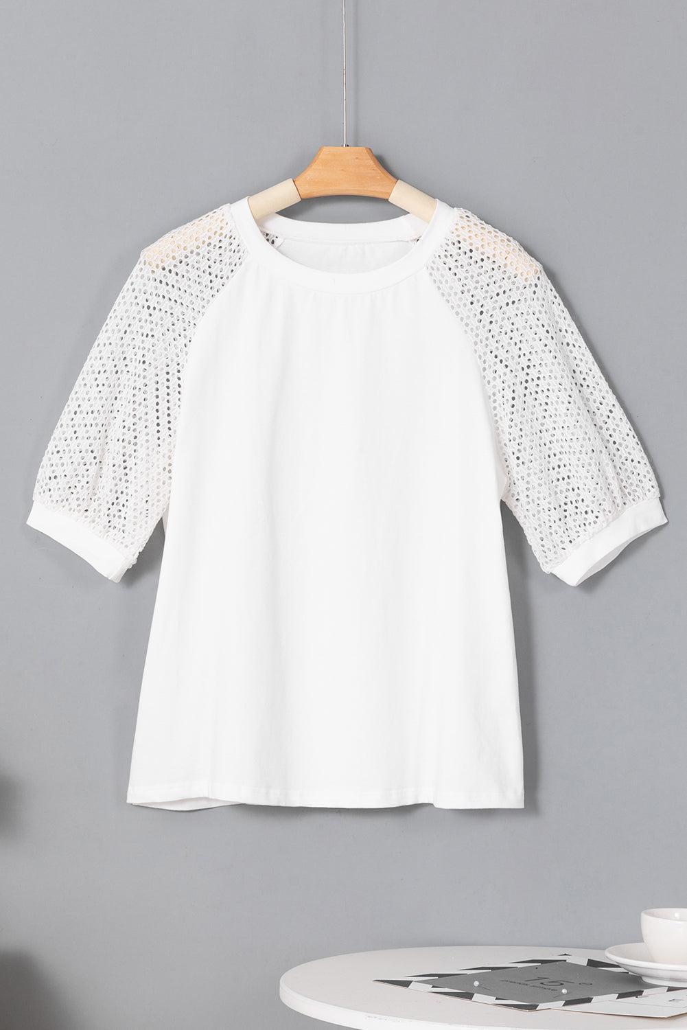 White Pointelle Lace Half Sleeve Crew Neck Tee for Women