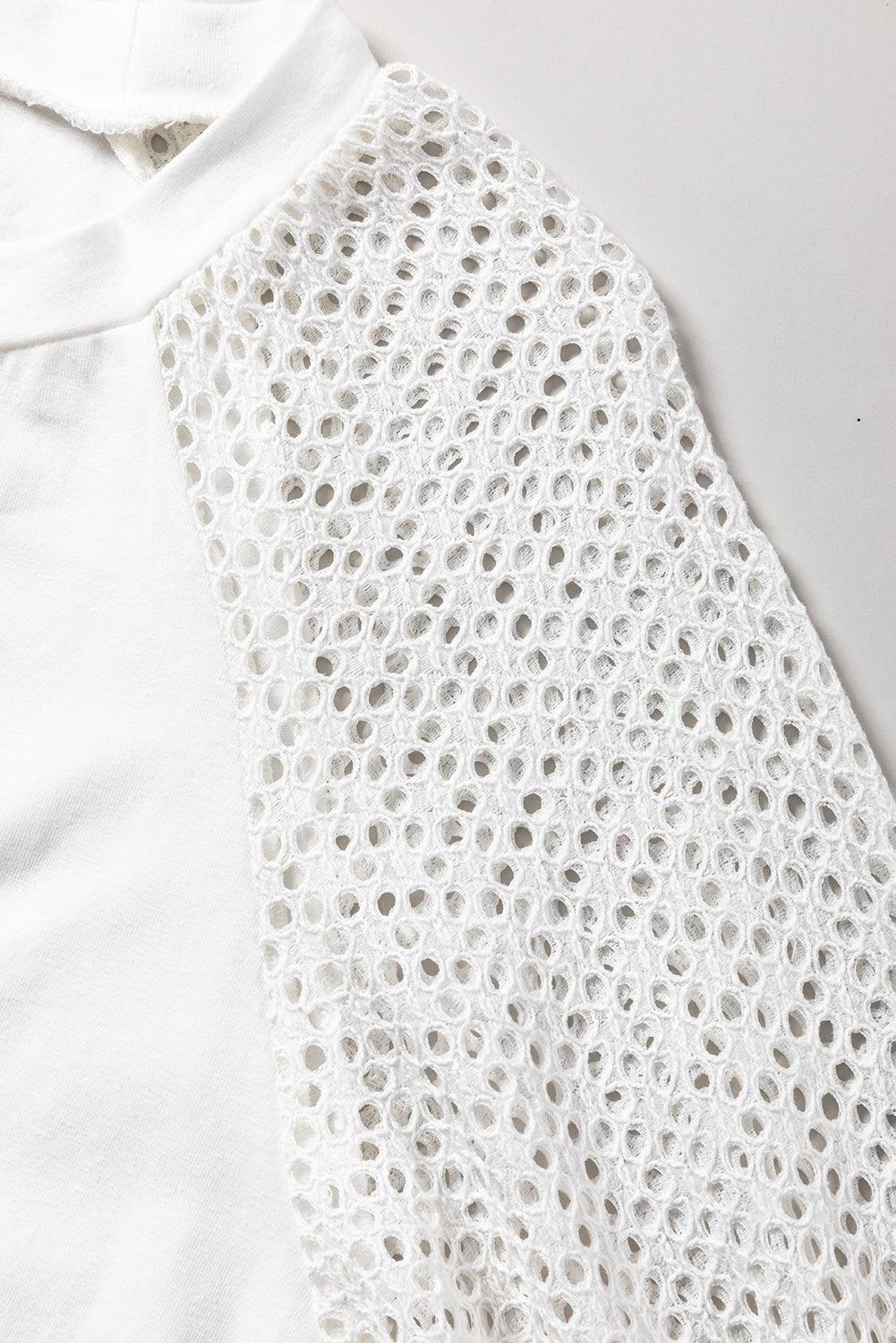 White Pointelle Lace Half Sleeve Crew Neck Tee for Women