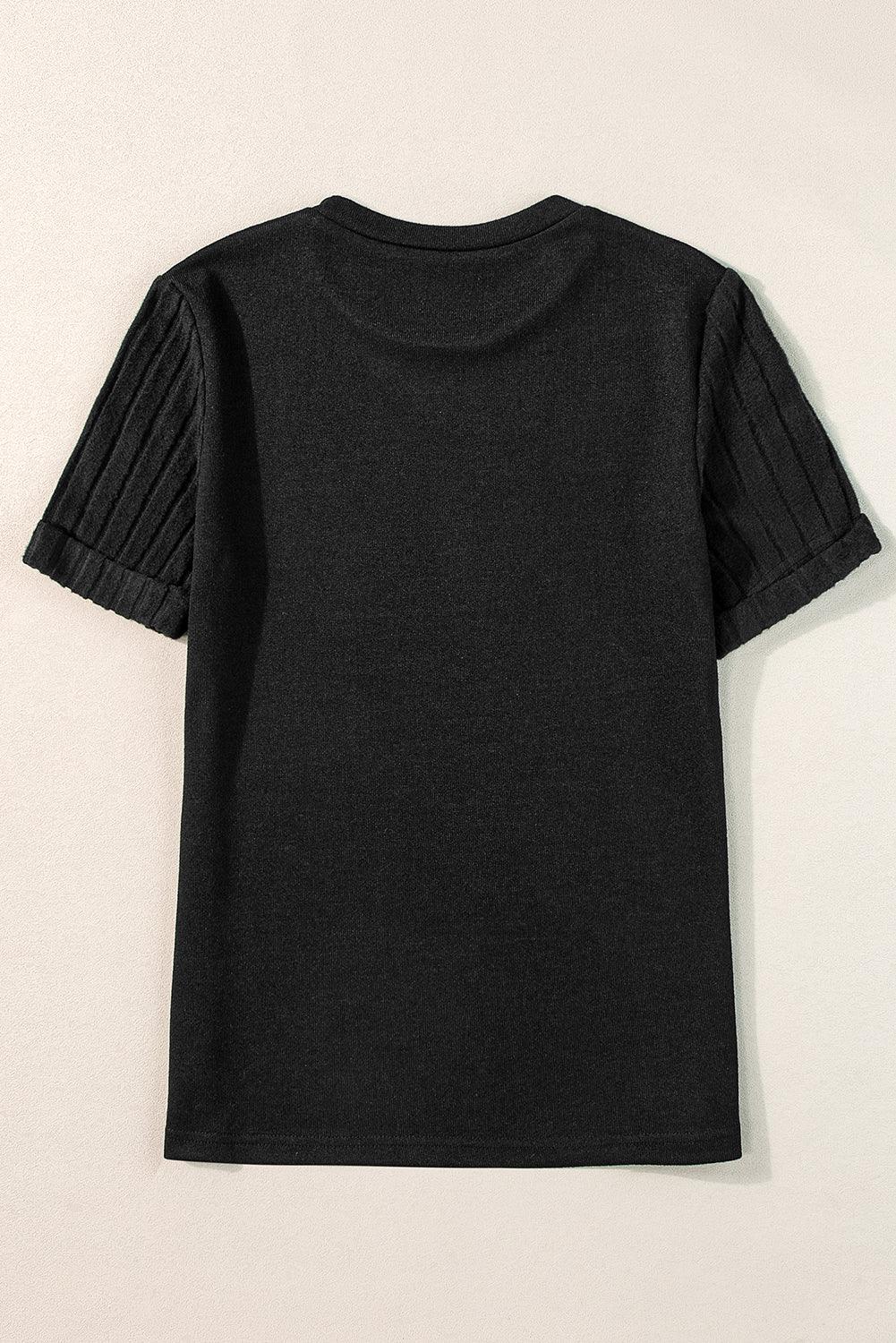 Ribbed Splicing Half Sleeve Round Neck T-shirt for Women