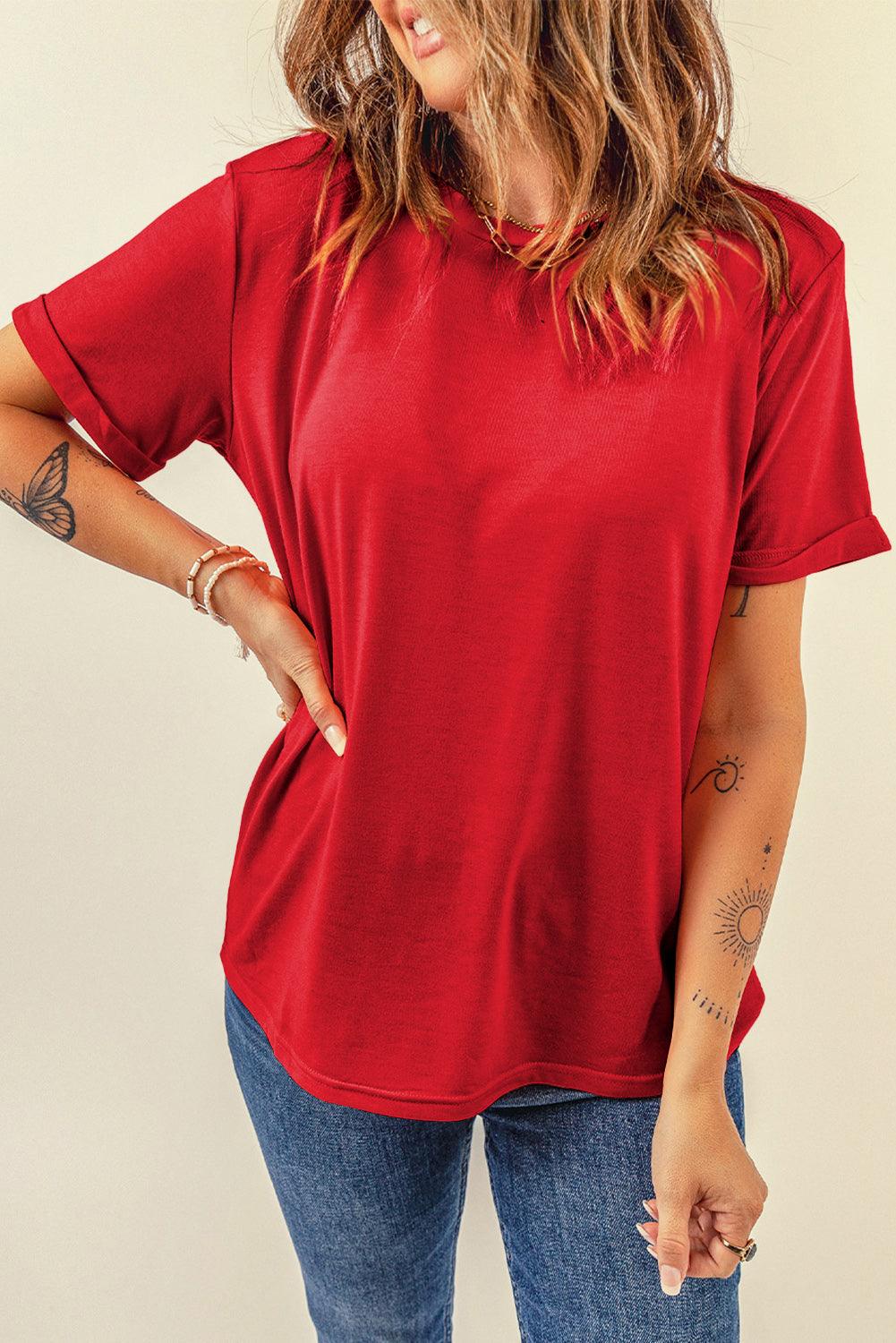 Casual Crew Neck Solid Color Loose T-Shirts Top for Women