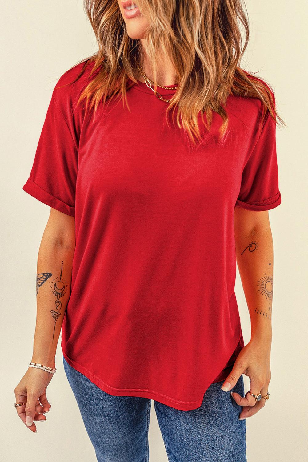 Casual Crew Neck Solid Color Loose T-Shirts Top for Women