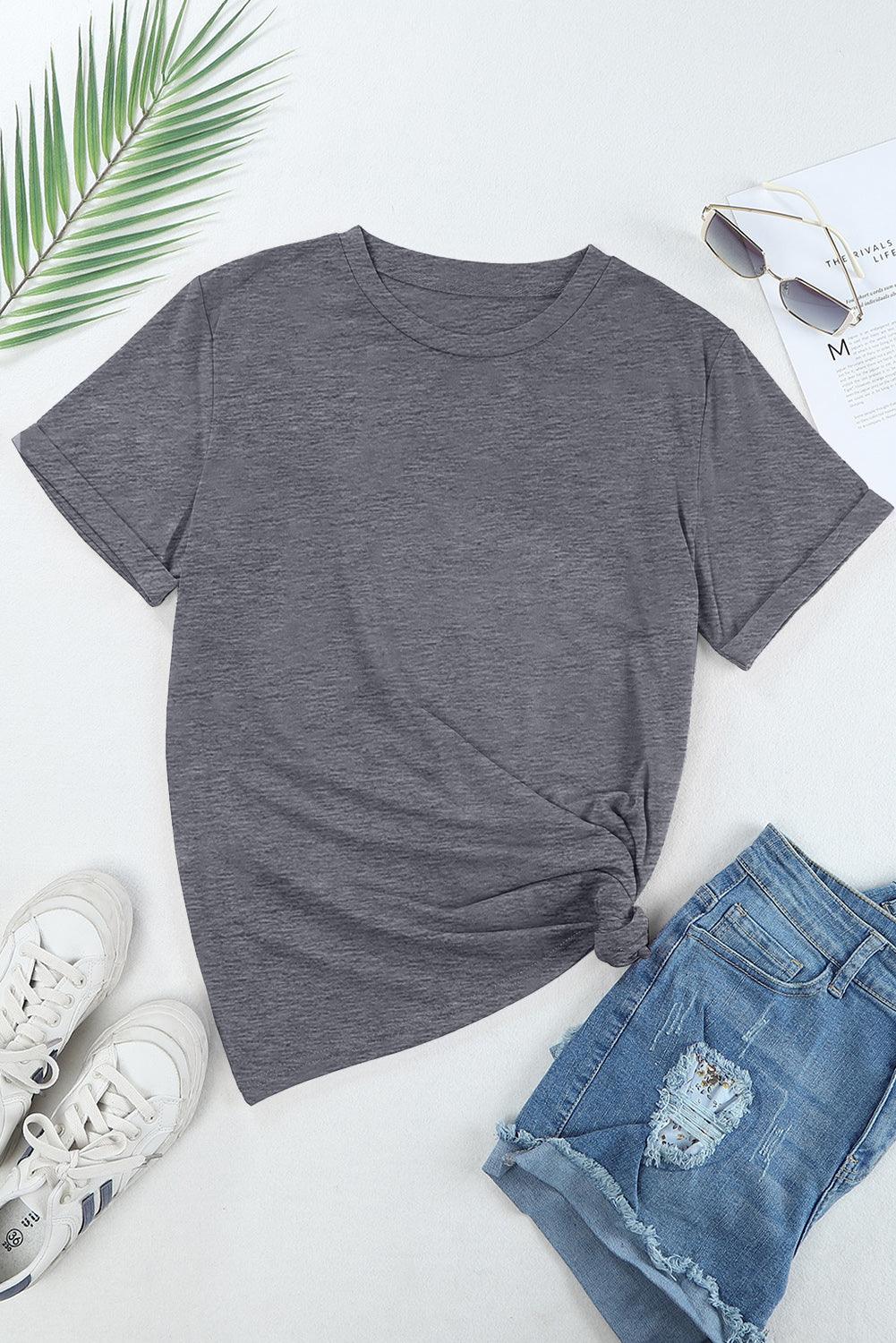 Casual Crew Neck Solid Color Loose T-Shirts Top for Women