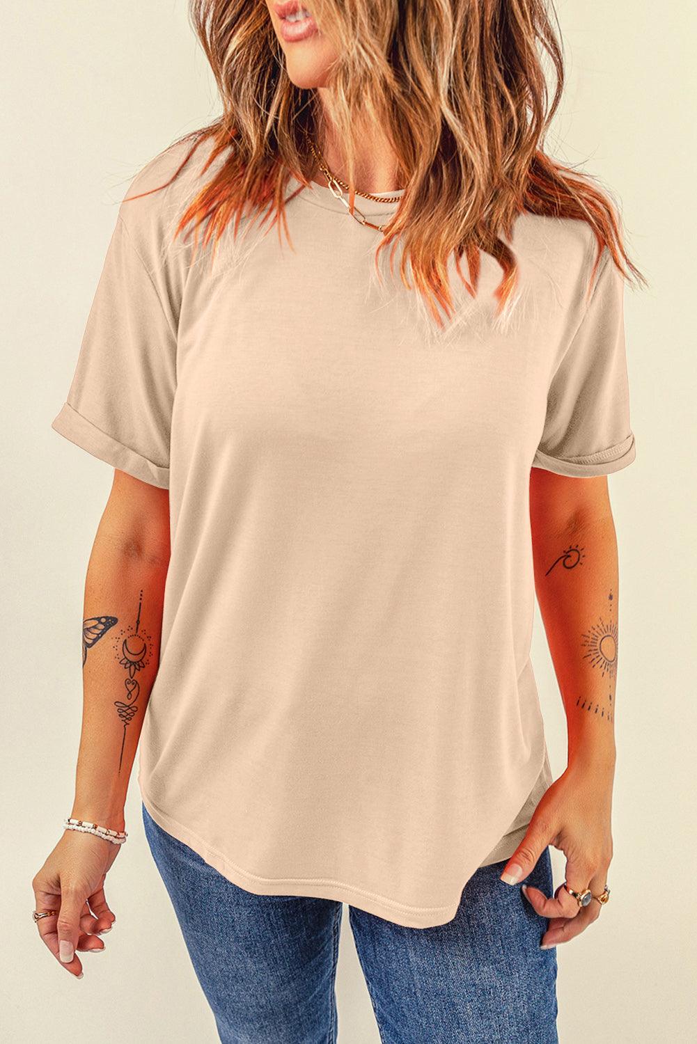 Casual Crew Neck Solid Color Loose T-Shirts Top for Women