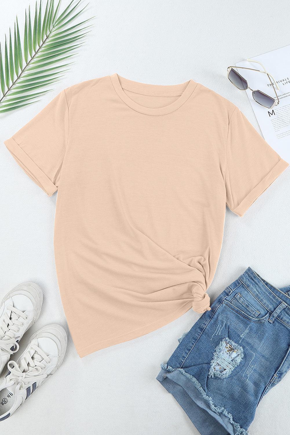 Casual Crew Neck Solid Color Loose T-Shirts Top for Women