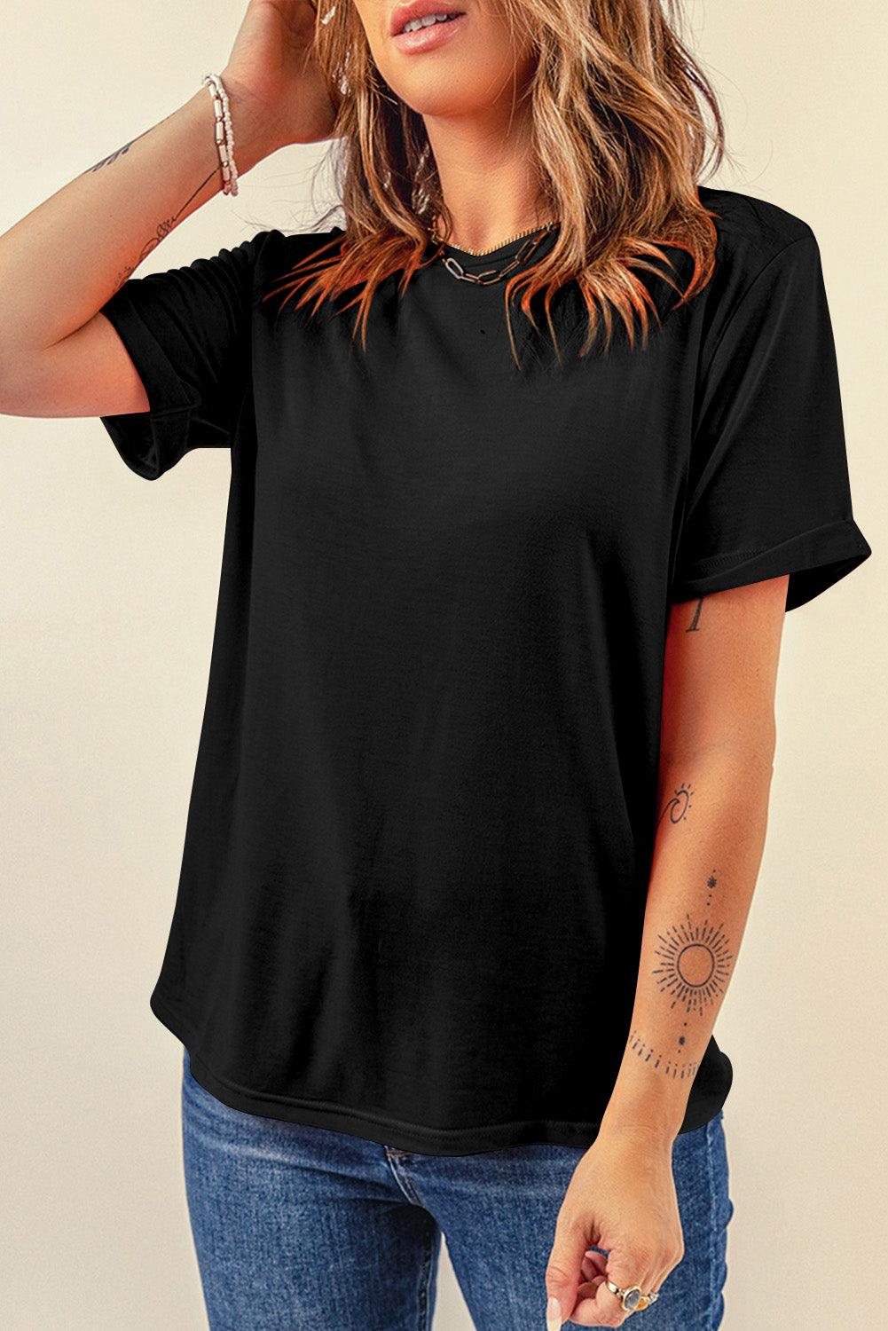 Casual Crew Neck Solid Color Loose T-Shirts Top for Women