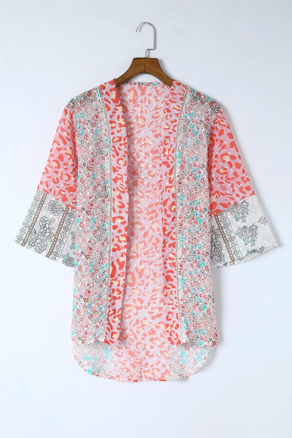 Multicolor Leopard Print Open Front Bell Sleeve Kimono Cardigan