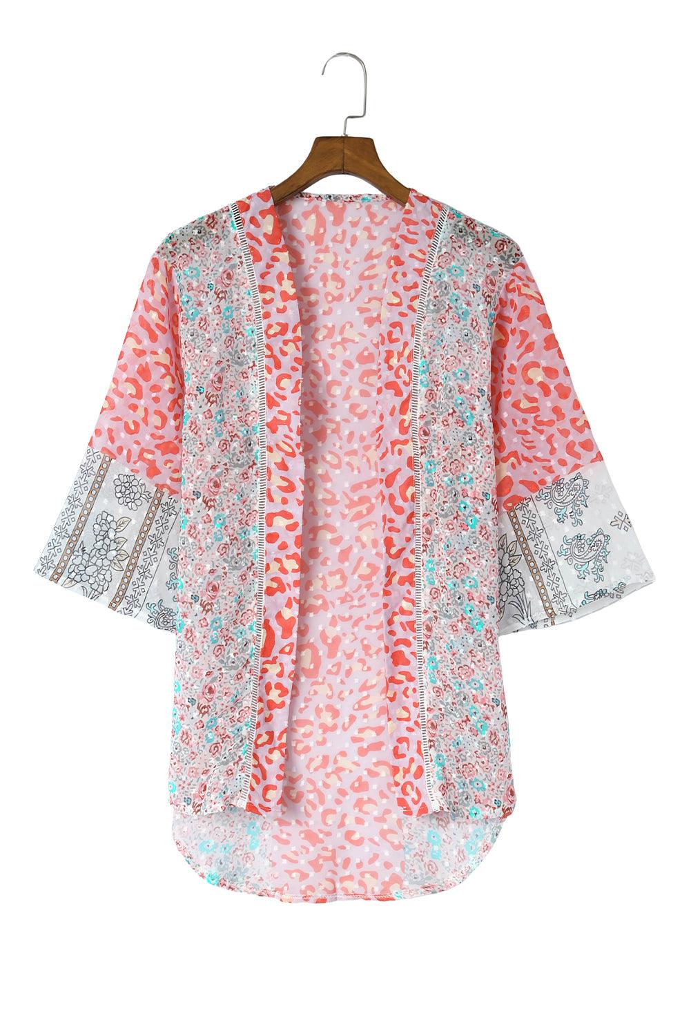 Multicolor Leopard Print Open Front Bell Sleeve Kimono Cardigan
